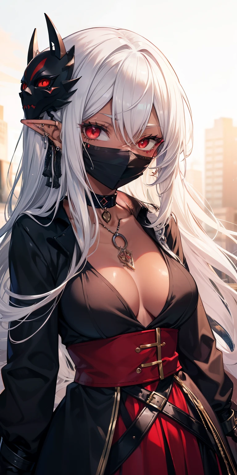 (masutepiece: 1.2, Best Quality), 1 Lady, Solo, silber hair,The long-haired, Red Eyes, Black skin,sun burn,Brown skin,elvish、a choker,Silver Accessories,tits out,Black mask,punk fashion