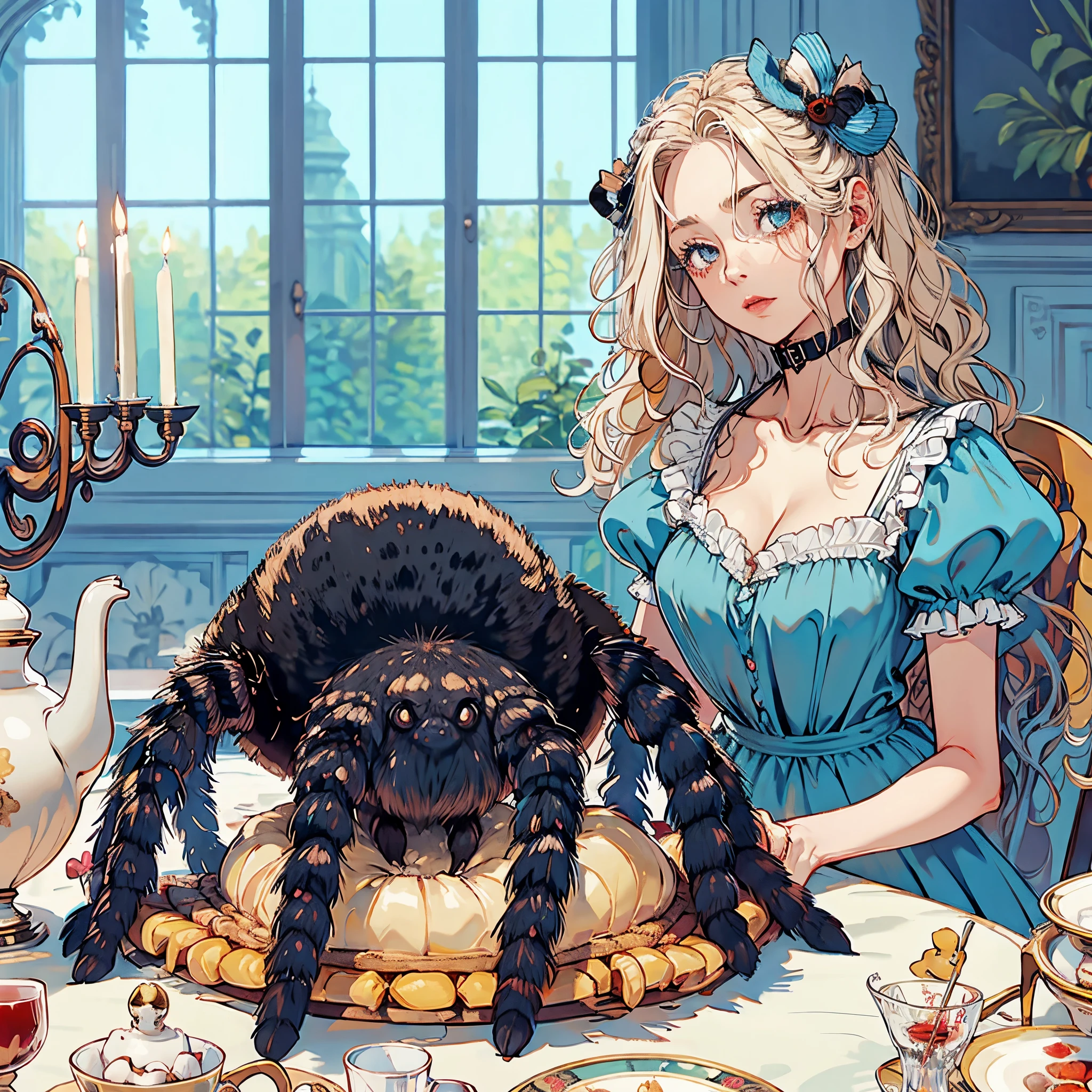 A girl and a big tarantula. A black and blue glossy tarantula. The girl's eyes are red. Tea party. Inside the mansion.