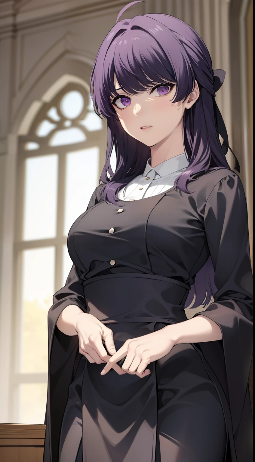 Quality, Obra maestra, Altamente detallado, 1girl,olis, cold personality,enojada,solamente, Cabello largo, vestido, purple eyes, purple hair, Anastasia_Zelenska, sonrojarse, NSFW, desnudo,trage elegante morado falda blanca Cara detallada, ojos detallados, cuerp completo,