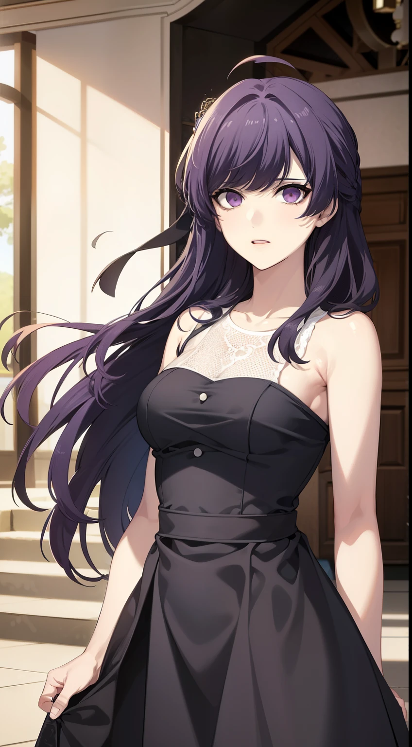 Quality, Obra maestra, Altamente detallado, 1girl,olis, cold personality,enojada,solamente, Cabello largo, vestido, purple eyes, purple hair, Anastasia_Zelenska, sonrojarse, NSFW, desnudo,trage elegante morado falda blanca Cara detallada, ojos detallados, cuerp completo,