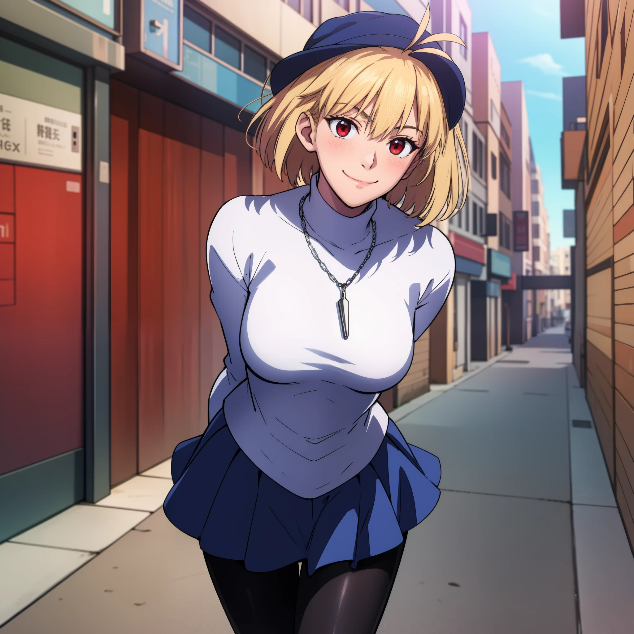 arcueid \(tsukihime\), 1girl, alley, arms behind back, black pantyhose, blue pleated skirt, blush, breasts, building, cowboy shot, day, chain necklace \(arcueid\) on chest, large breasts, looking at viewer, outdoors, smile, solo, standing, white long sleeves turtleneck white sweater, taut clothes, thigh gap, closed mouth, leaning forward, BREAK, 2hands, accurate fingers, loish hands, extreme hand detail, normal hands, with fingers, accurate hands, 2thumb