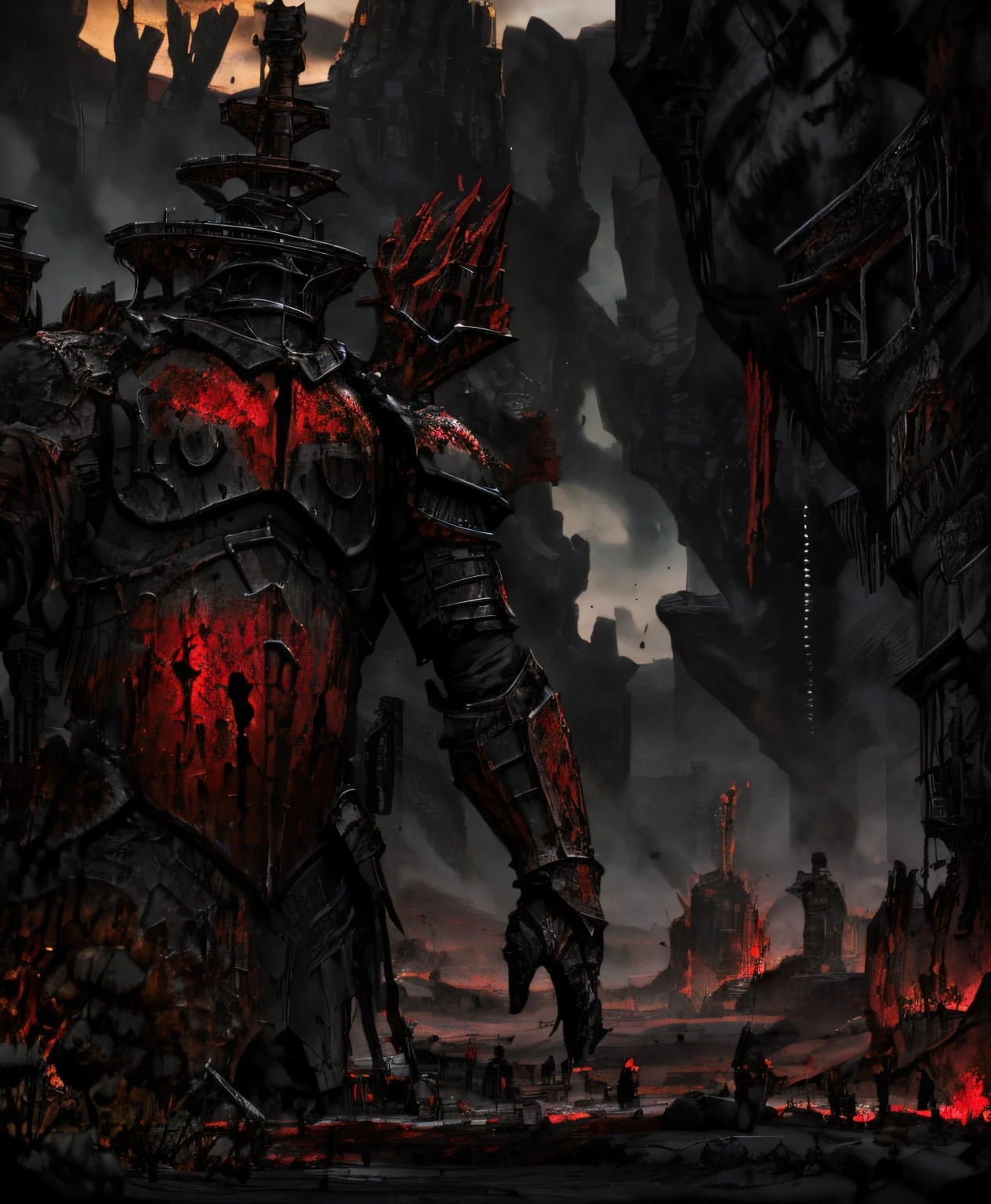 black knight, with armor with blood red details, inhospitable and desolate environment, horror atmosphere, full body close-up photography