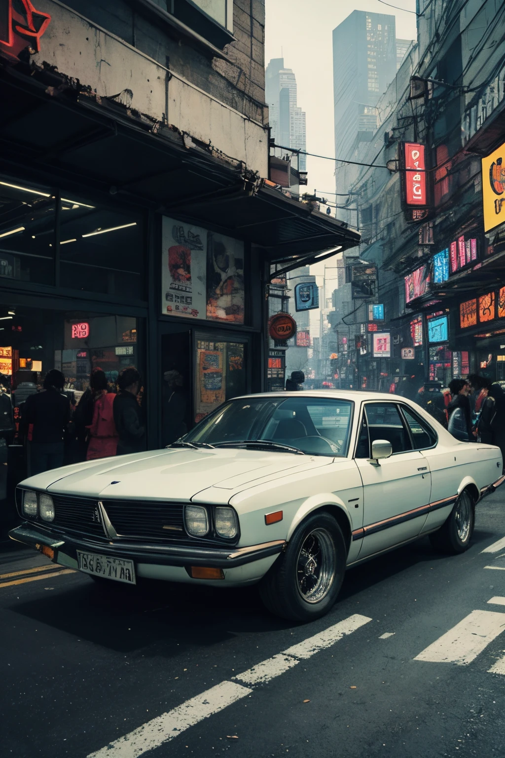 realistic, best quality,  hyoon,  vintage car, sedan, in modern time, cyberpunk