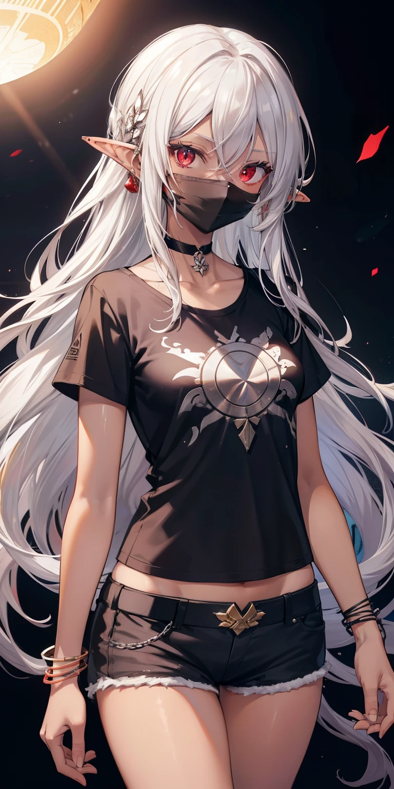 (masutepiece: 1.2, Best Quality), 1 Lady, Solo, silber hair,The long-haired, Red Eyes, Black skin,sun burn,Brown skin,elvish、a choker,Silver Accessories,shortpants,Black mask,Black T-shirt