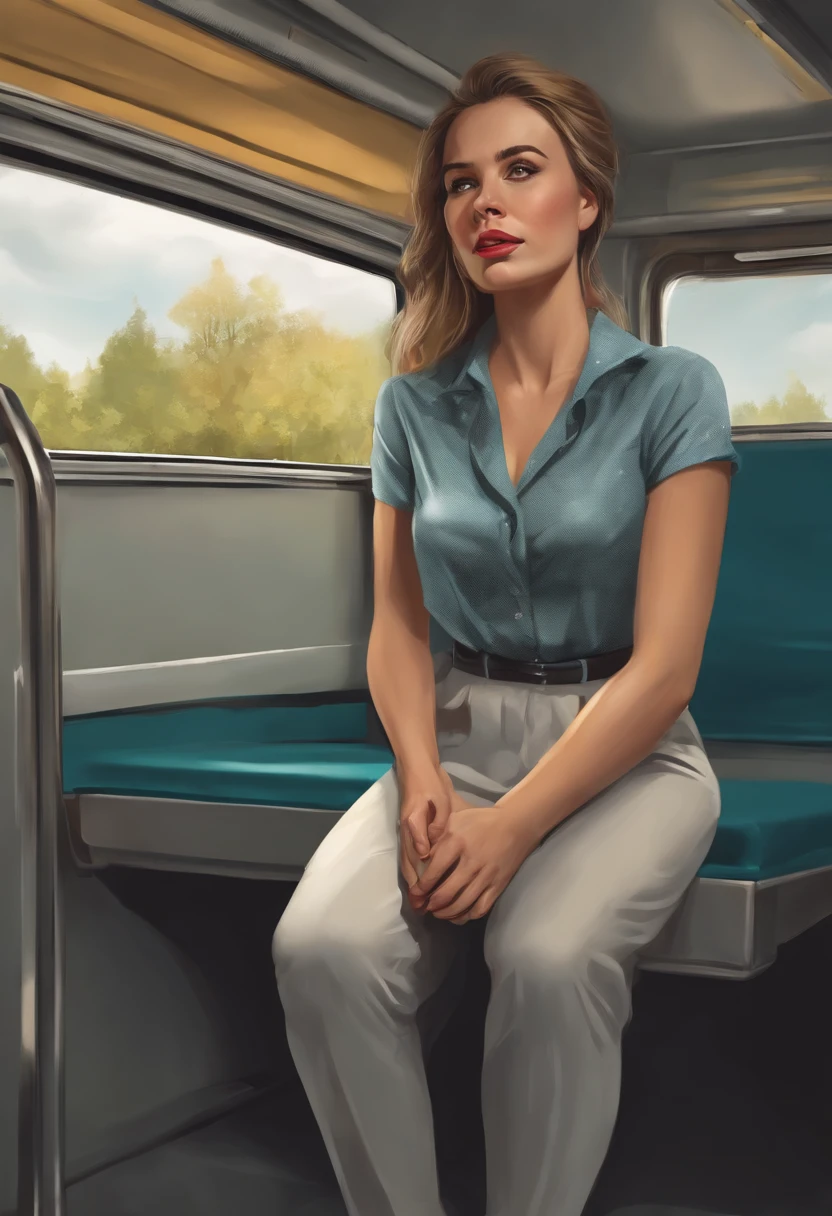 An thick young polish woman, grabs her crotch, realistic, formal shirt, tight trousers, realistic clothes, look of discomfort, she's desperate to pee, rushing to urinate, sitting in bus, full bladder, dying to pee, crying with embarrassment, expression of despair on her face, diuretics makes her bursting to pee