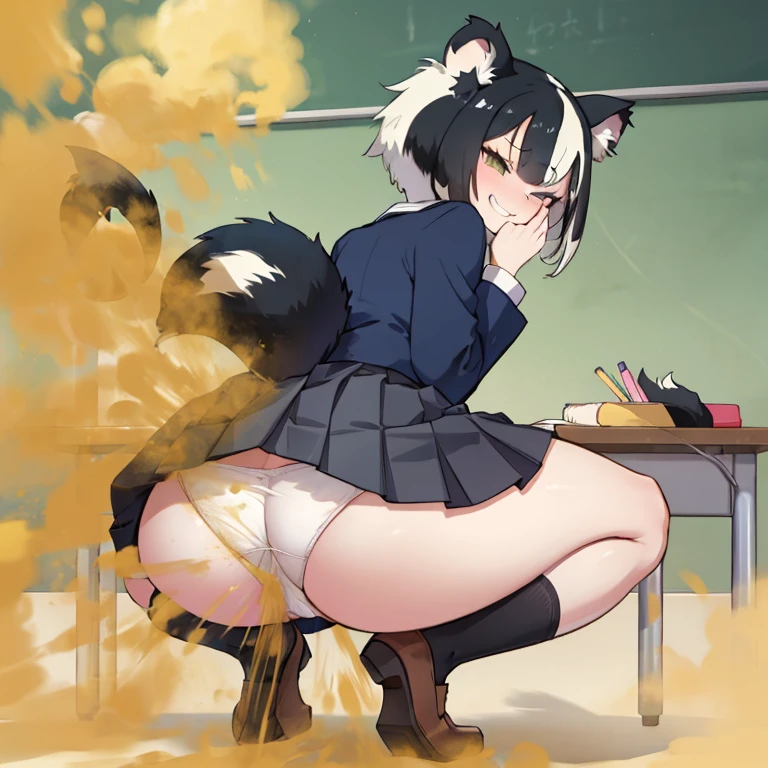 (((Skunk Girl))), evil smirk, Mischievous grin, despise, (((Skunk Tail))), (((big tail))), massive ass, leaning, black socks, (Long socks), school uniform, skirt, (short skirted school uniform), squatting , velocity, Panties(white panties), Turn around and look down, Moist eyes, fart, farting, Fart from the ass, spread ass, giant fart, Yellow smoke, Yellow smoke is rising, Close one eye, classroom, face fart, fart on man, Bury your face in my butt, Man sniffing farts, Smells like farts