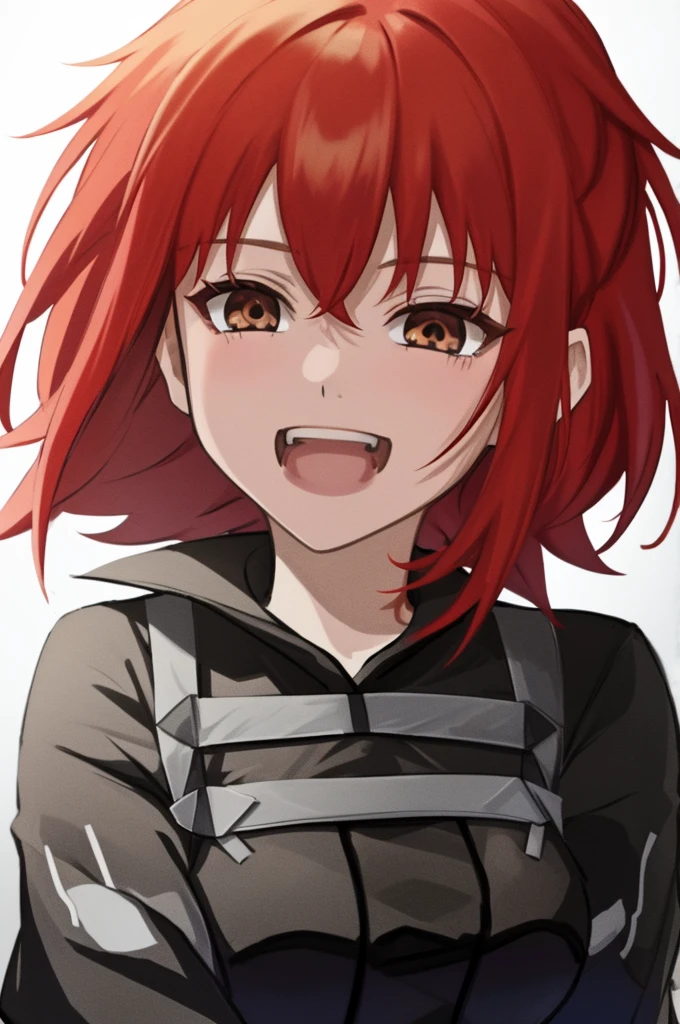 best quality, masterpiece, kyrielight mash, solo, 1girl, black eyes, :d, fat, black clothes, (chibi: 0.6), light red hair, short hair, sticker, emoji, cute, white background, ((laughing a lot ))