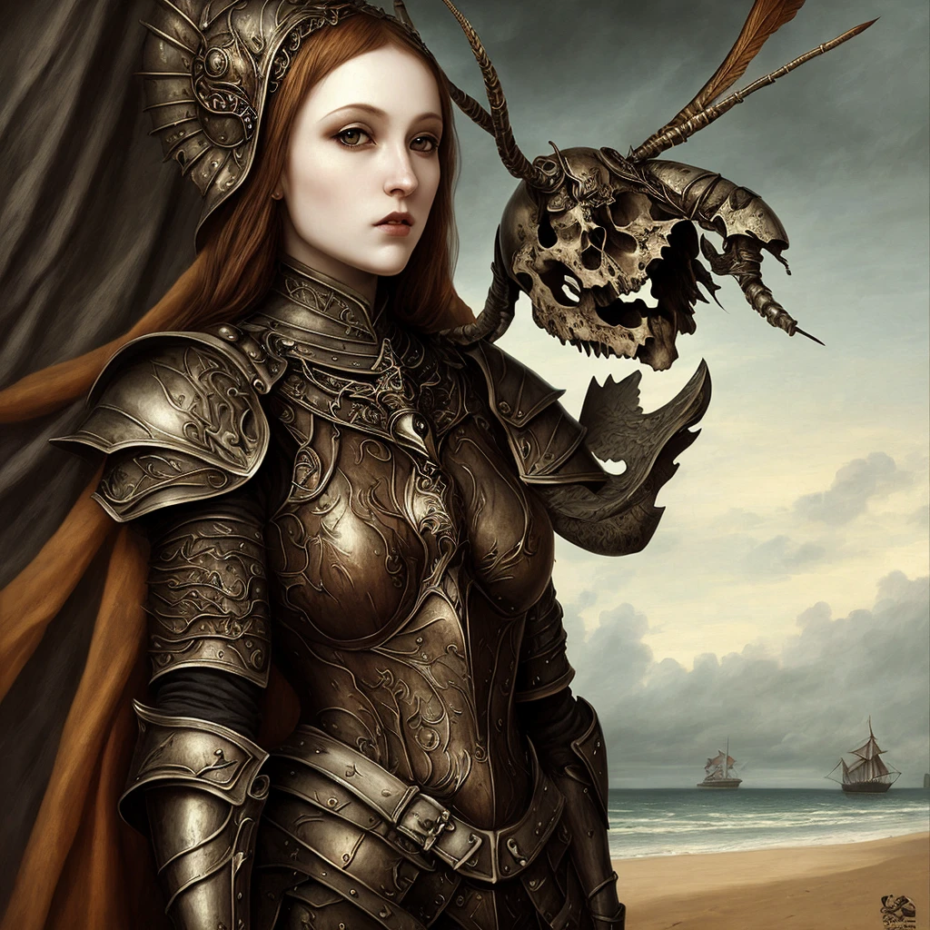 A very realistic and pretty girl armor Insect humans gotik skull Northern Renaissance regret beach