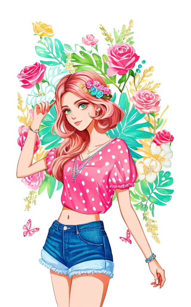 um desenho de uma mulher em um top rosa e shorts com estampa de leopardo, estilo de arte bonito, arte digital bonito, Cartoon style illustration, arte fofa, in style of digital illustration, arte digital. @mariomaniacdude, Estilo de desenho bonito, estilo de desenho, arte inspiradora, desenhado com photoshop, vida como, decora inspired illustrations, desenho animado bonito, sugary sweet