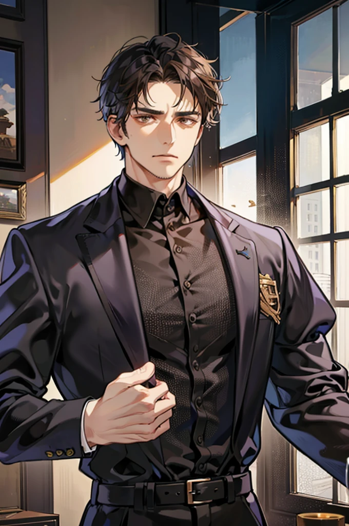 40 year old man, tall, brown eyes, brown short hair, black work suit, very muscular, manly, scowl, upper body, living room