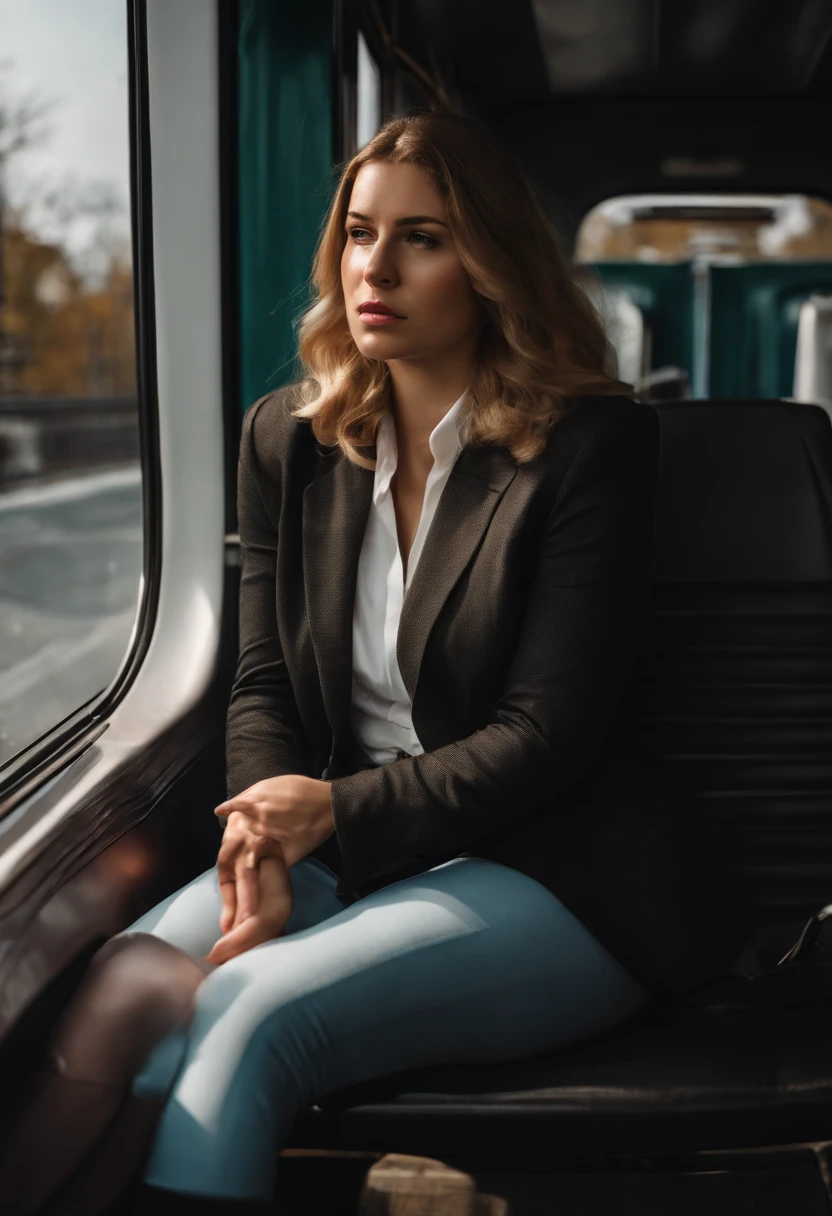 An thick young polish woman, grabs her crotch, realistic, formal shirt, tight trousers, realistic clothes, look of discomfort, she's desperate to pee, rushing to urinate, sitting in bus, full bladder, dying to pee, crying with embarrassment, expression of despair on her face, diuretics makes her bursting to pee