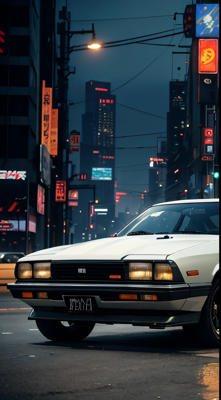 realistic, best quality, hyoon, vintage car, sedan, AE62, Trueno, in modern time, cyberpunk