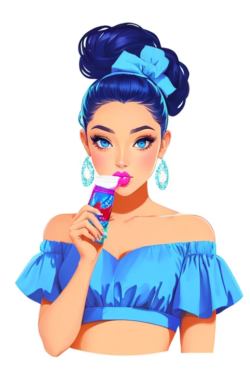 uma mulher em um vestido azul comendo uma casquinha de sorvete, soda themed girl, in style of digital illustration, cartoon style illustration, fabulous illustrations, pintura realista da bonito, Lois Ross, estilo de arte vetorial, estilo de arte dos desenhos animados, full color illustration, mulher bonito, bela arte digital, Arte Pinup, illustration style, pintura digital dos desenhos animados, arte digital detalhada bonito, illustration art
