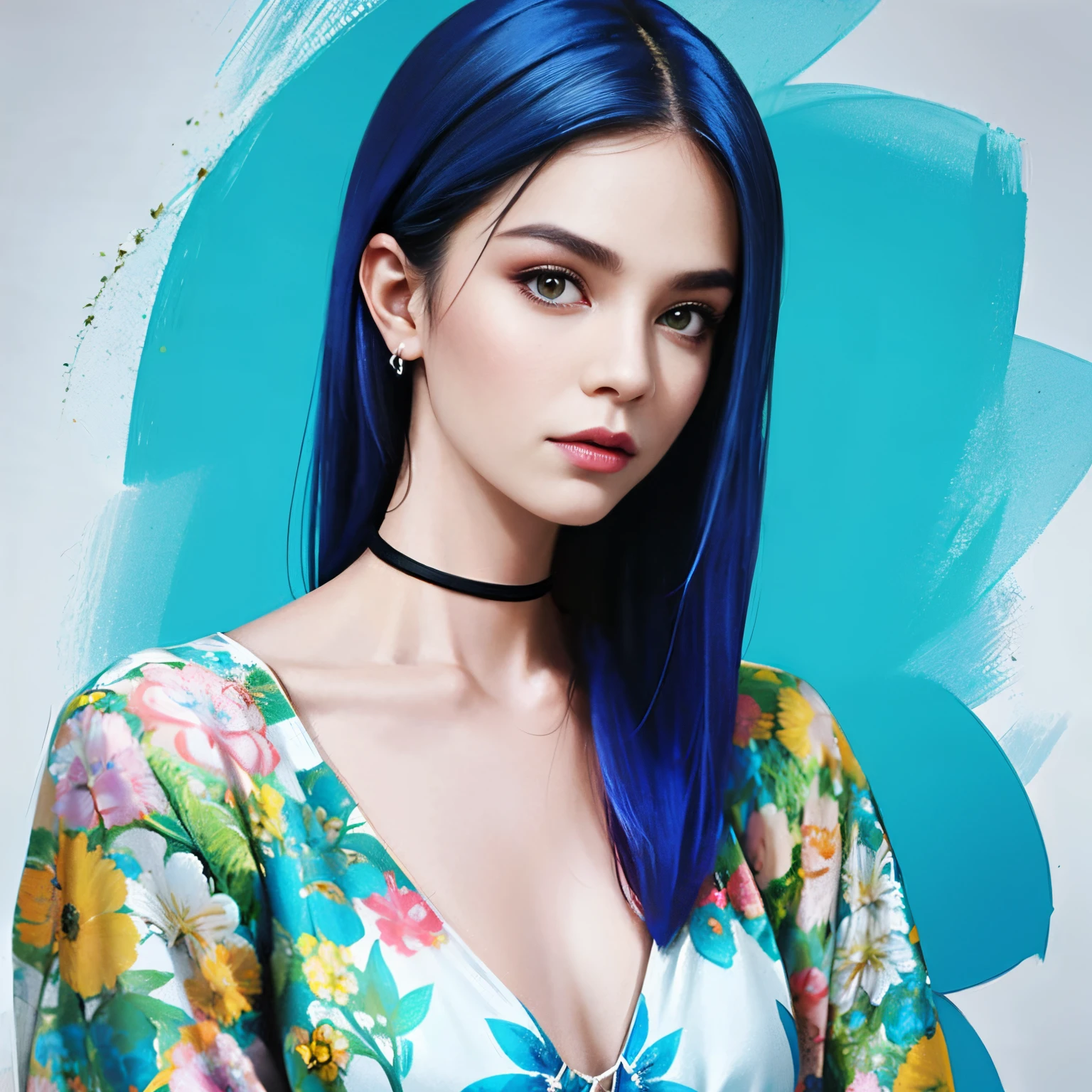 Cabelo curto azul, corte ousado, camisa tanque de ombro, pose de moda, tatuagem de embelezamento em um ombro, fundo de jornal grafite, head to shoulder shot, arte de Wadim Kashin, Nicoletta Ceccoli.