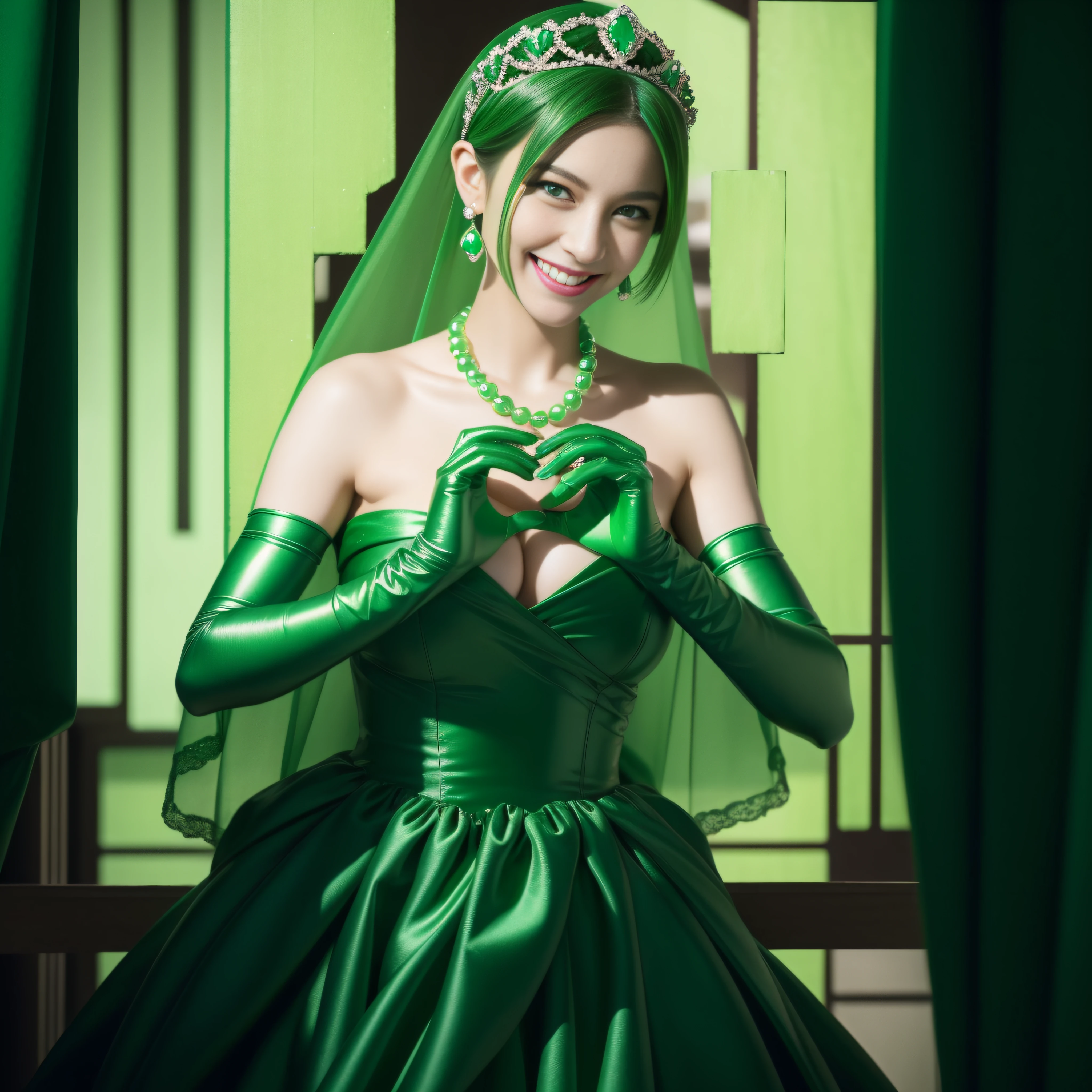 emerald tiara, Green Pearl Necklace, Boyish very short green hair, lipsticks, Japan woman smiling, very short short hair,  big breasts beautiful, Green eyes, Long green gloves made of satin material, Green eyes, Emerald Earrings, green vale, Heart with both hands