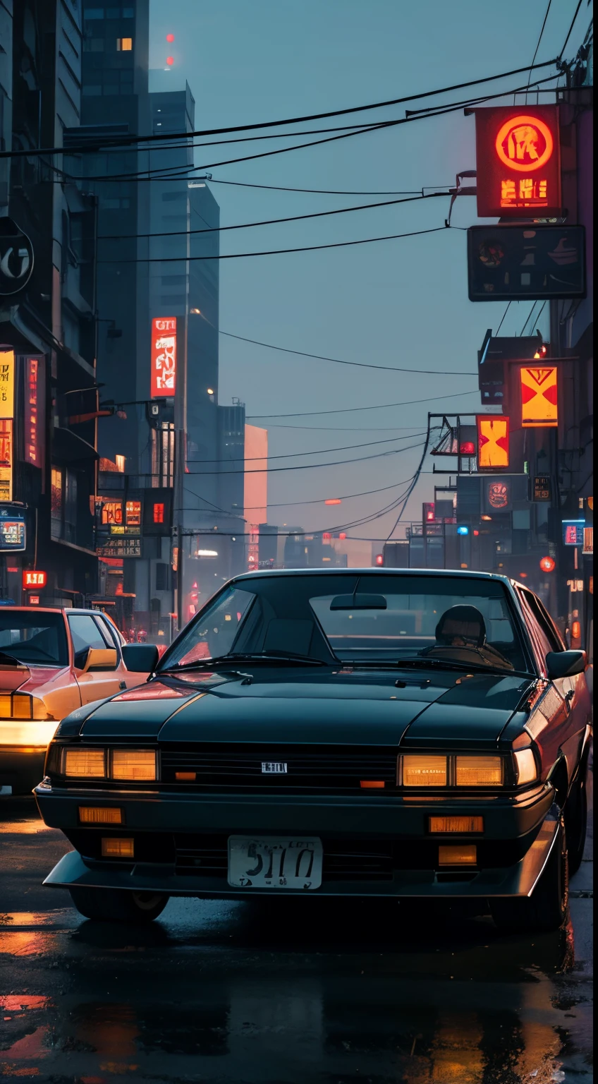 realistic, best quality,  hyoon,  vintage car, sedan, AE62, Trueno, in modern time, cyberpunk