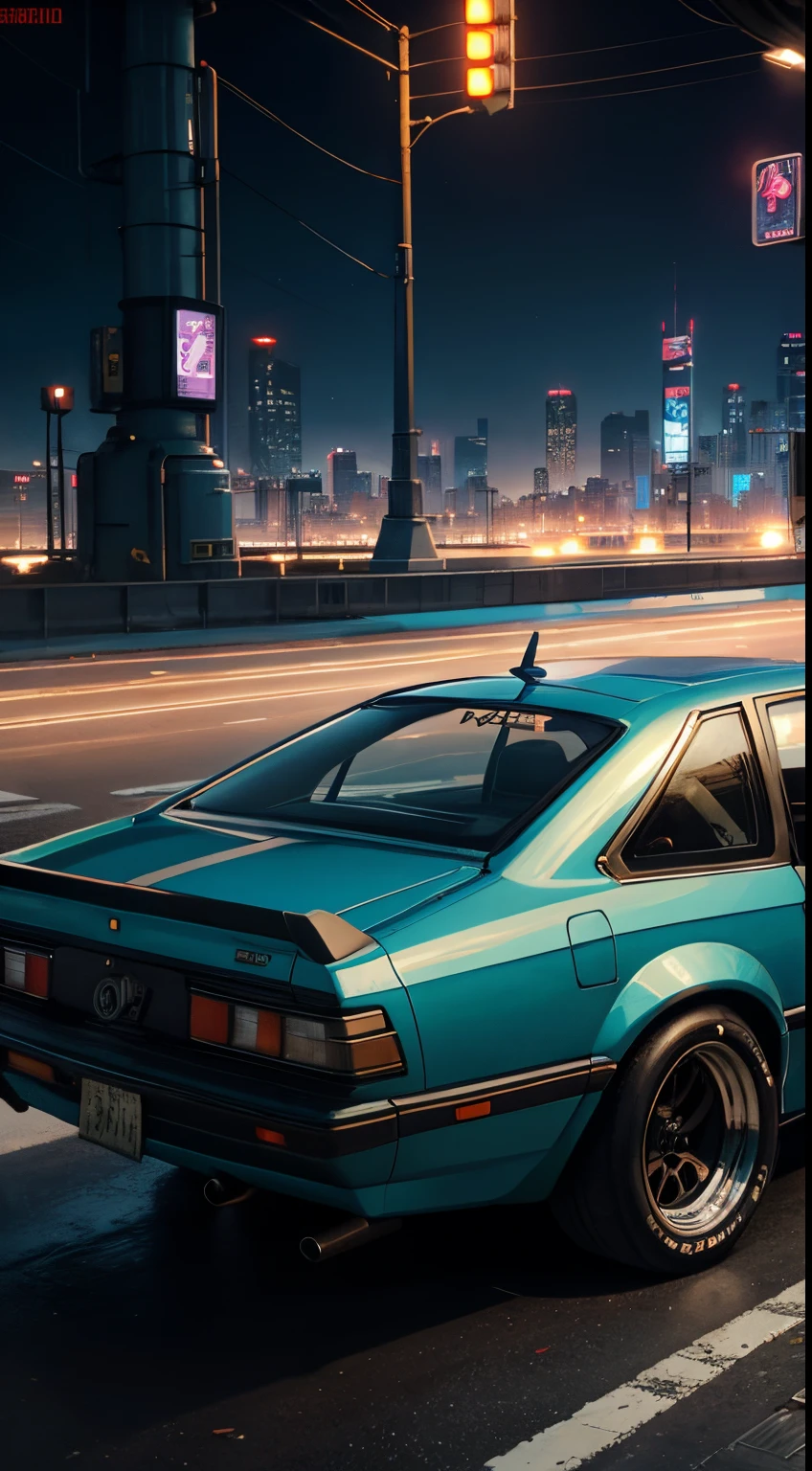 realistic, best quality,  hyoon,  vintage car, sedan, AE62, Trueno, in modern time, cyberpunk