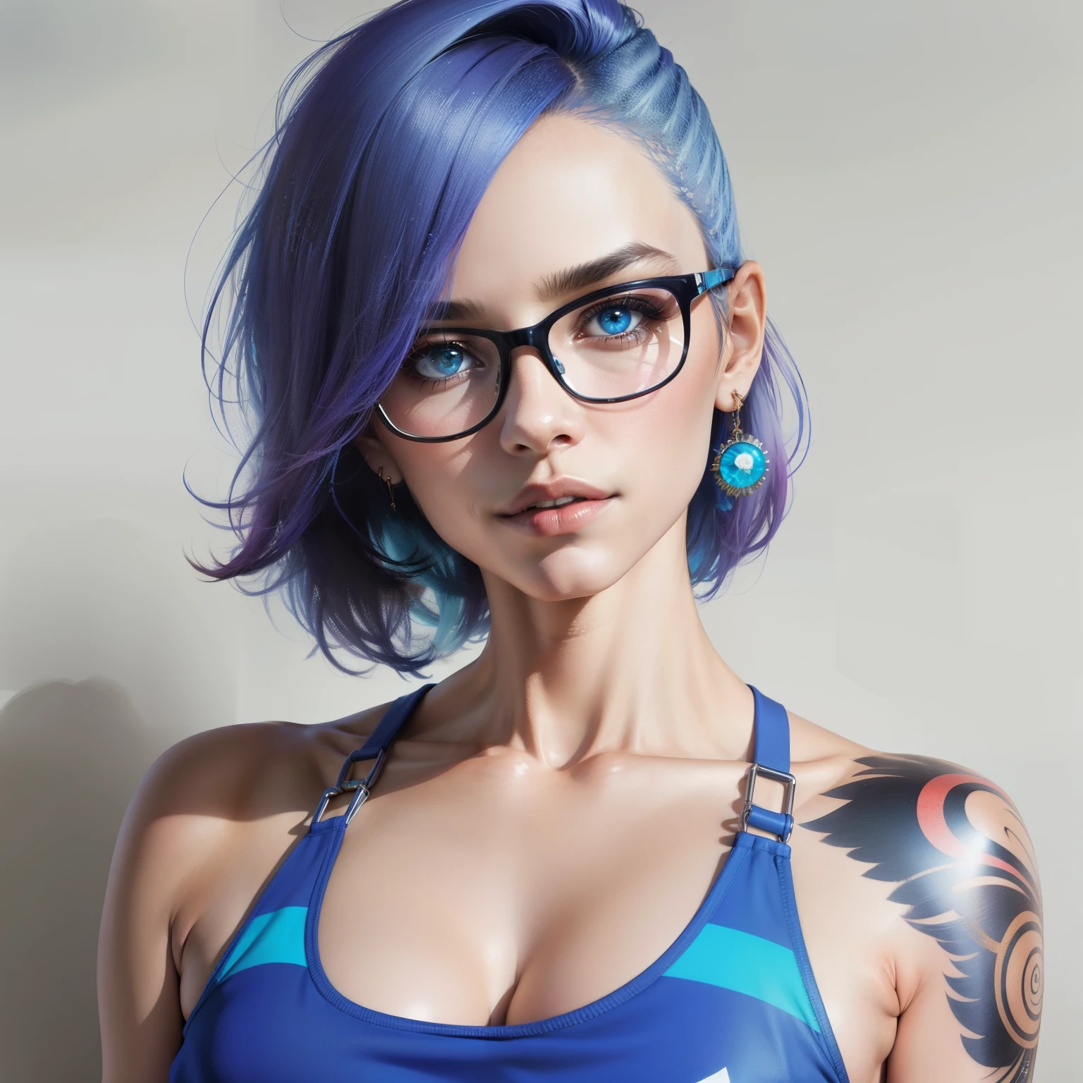 Cabelo curto azul, corte ousado, camisa tanque de ombro, pose de moda, tatuagem de embelezamento em um ombro, fundo de jornal grafite, head to shoulder shot, arte de Wadim Kashin, Nicoletta Ceccoli.