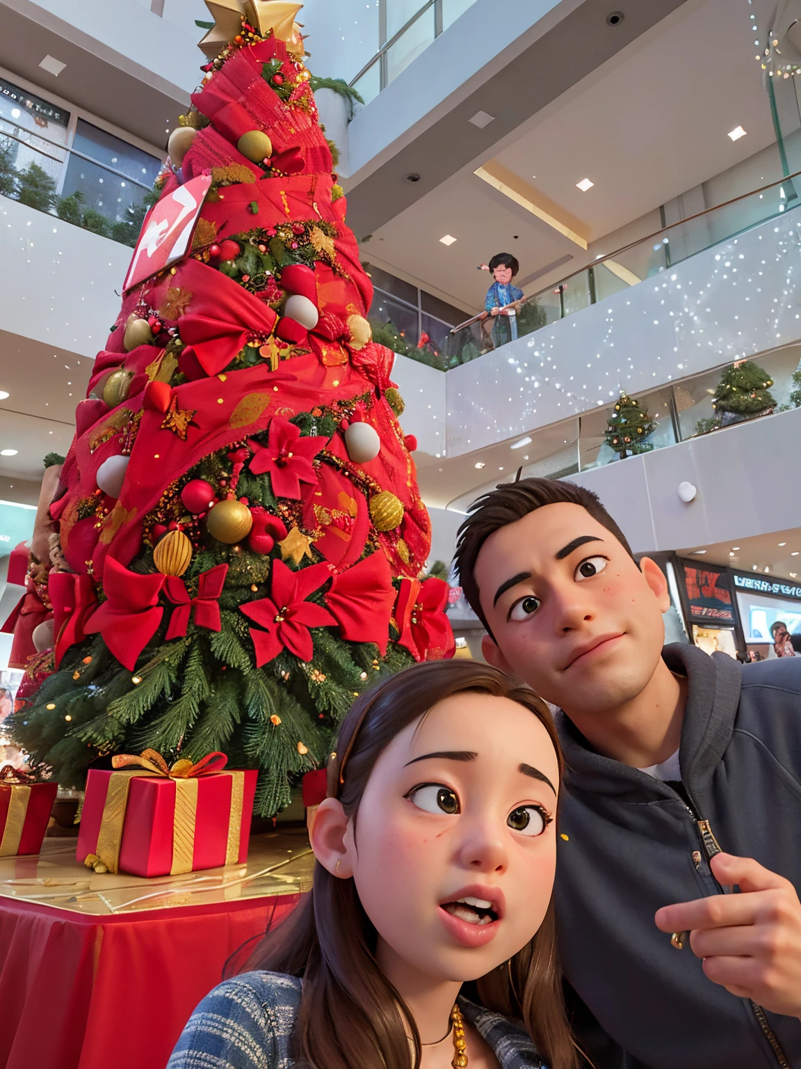 there is a boy and girl posing for a picture in front of a christmas tree, in a mall, at a mall, 😭🤮 💔, shot on nikon z9, with a tall tree, happy couple, lovely couple, 😭 🤮 💕 🎀, holiday, christmas tree, taken with sony alpha 9, in magnificent shopping mall, ruan jia and brom