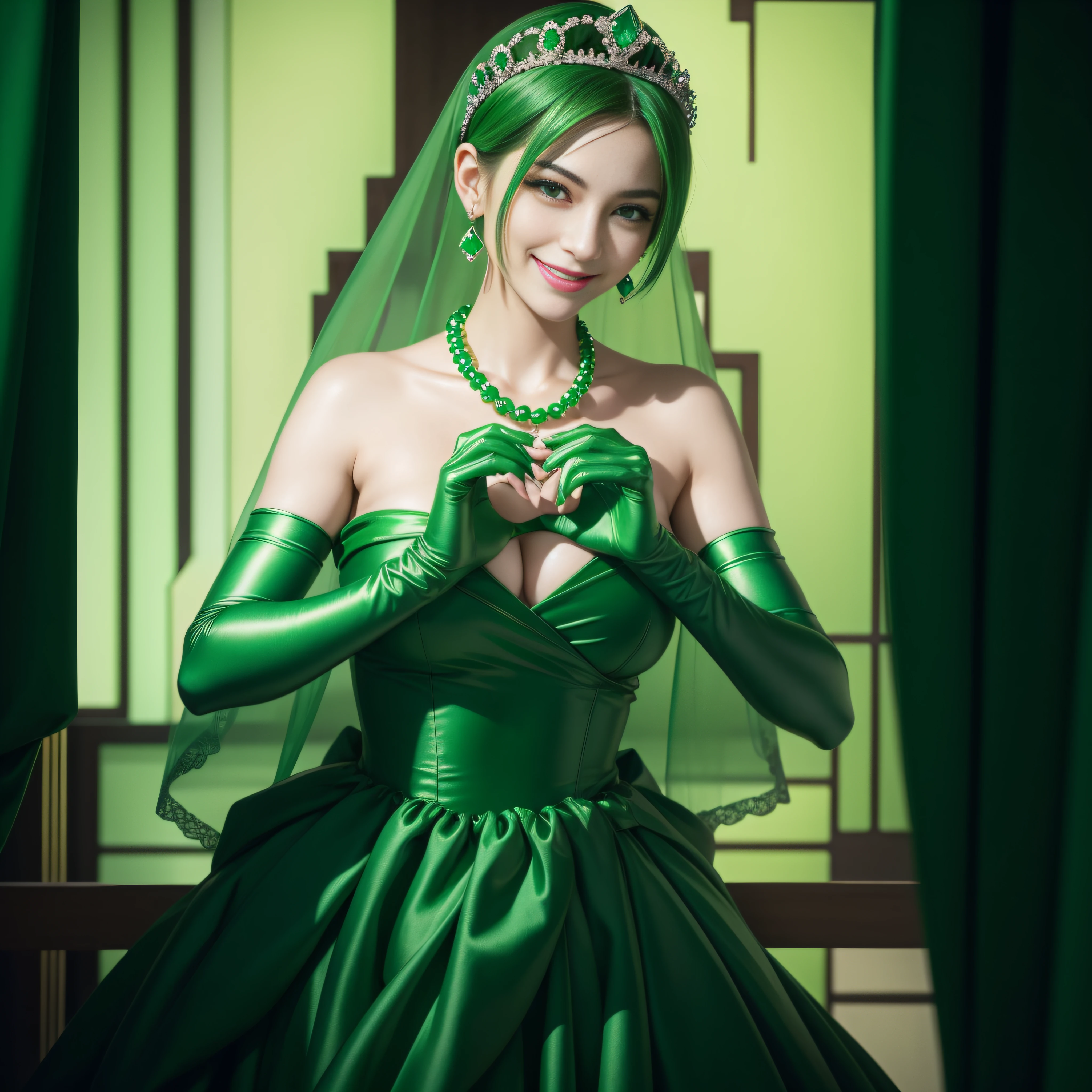 emerald tiara, Green Pearl Necklace, Boyish very short green hair, lipsticks, Japan woman smiling, very short short hair,  big breasts beautiful, Green eyes, Long green gloves made of satin material, Green eyes, Emerald Earrings, green vale, Heart with both hands