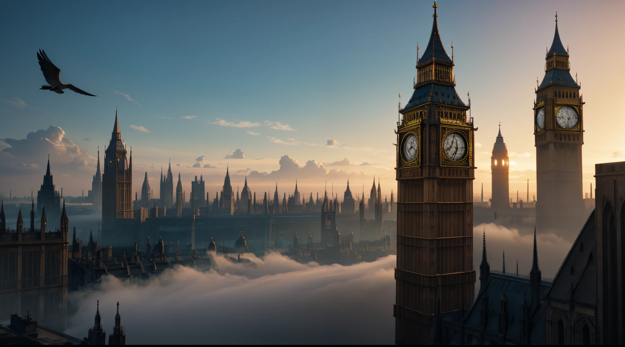 Big Ben deteriorated and in ruins, nature taking over after human extinction, birds flying overhead, Ethereal Fantasy, hyper-detailed fog, Concept art with 8k resolution by Greg Rutkowski, Artgerm, WLOP, Alphonse Mucha, dynamic lighting, hiper-detalhado, intrinsecamente detalhado, chapinhar, Triadic-Colors, Unreal Engine 5 Volumetric Lighting