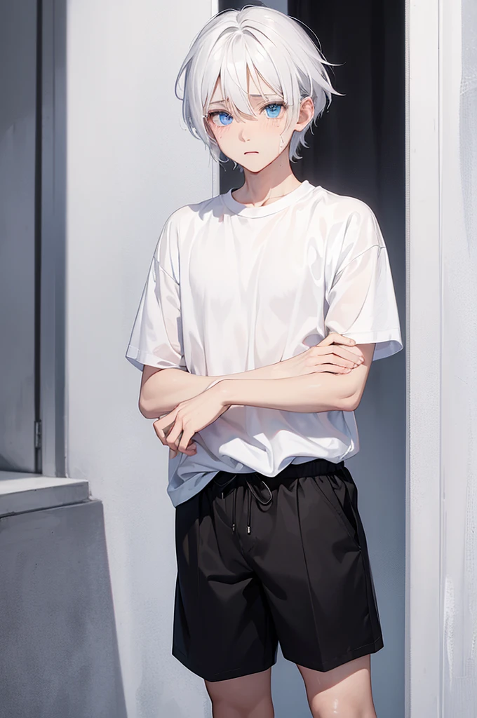 Young looking boy, short hair, white hair, white shirt, black shorts, blue eyes, soft expression, tears