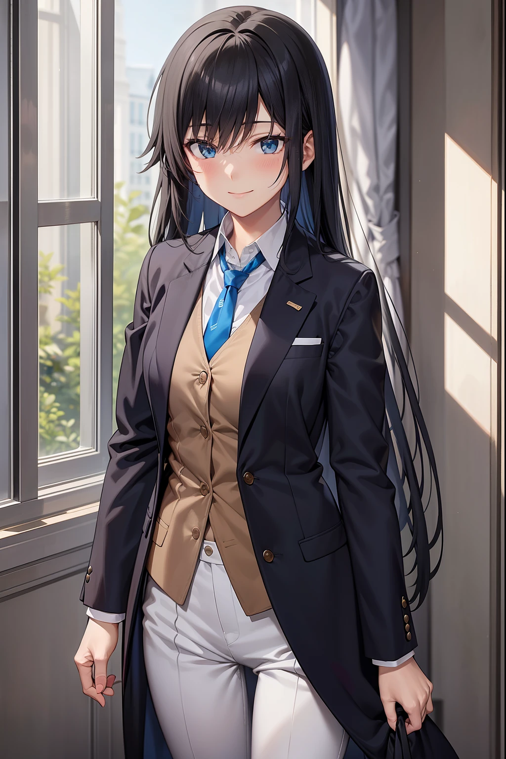 Yukinoshita Yukino wears a tuxedo coat, 1girl, Snafu anime, Female Butler, Elegant blue evening tie, collared shirt, bloomers, Black tail coat, Detailed background of the room, eyes blue, closed mouth, Smileing, A very sexy girl in a suit and tie is standing by the window, 1girl, 独奏, necktie, Black hair, eyes blue, long hair, smile, jacket, looking at the scenes, shirt, bloomers, blue necktie, collared shirt, white pants, white shirt, indoors, explosions, long-sleeved, closed mouth, window, black jacket, blush, cowboy shot, ceremonial, Yukinoshita Yukino suit, A woman in a black suit and blue tie is standing next to the windowsill, 1girl, 独奏, necktie, eyes blue, jacket
