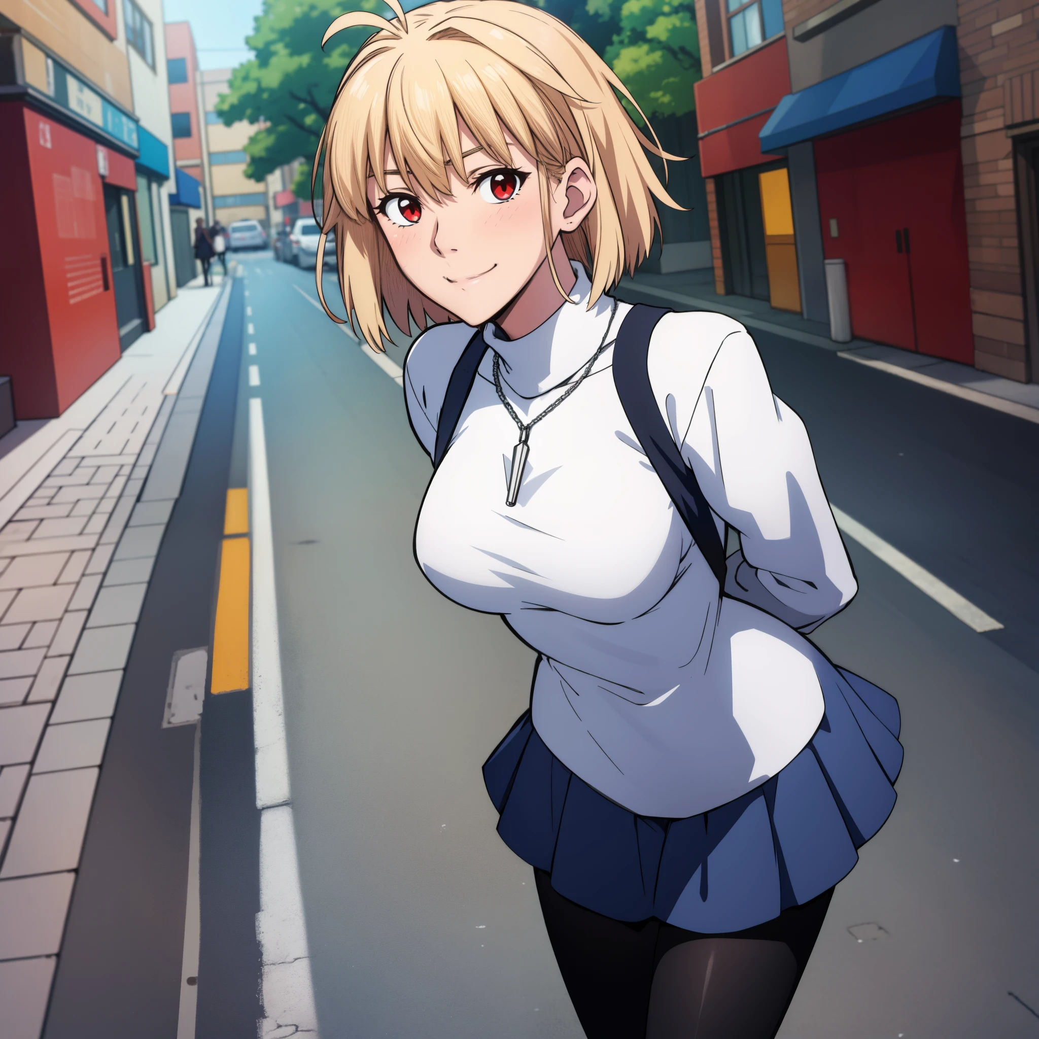 arcueid \(tsukihime\), 1girl, alley, arms behind back, black pantyhose, blue pleated skirt, blush, breasts, building, cowboy shot, day, chain necklace \(arcueid\) on chest, large breasts, looking at viewer, outdoors, smile, solo, standing, white long sleeves turtleneck white sweater, taut clothes, thigh gap, closed mouth, leaning forward, BREAK, 2hands, accurate fingers, loish hands, extreme hand detail, normal hands, with fingers, accurate hands, 2thumb