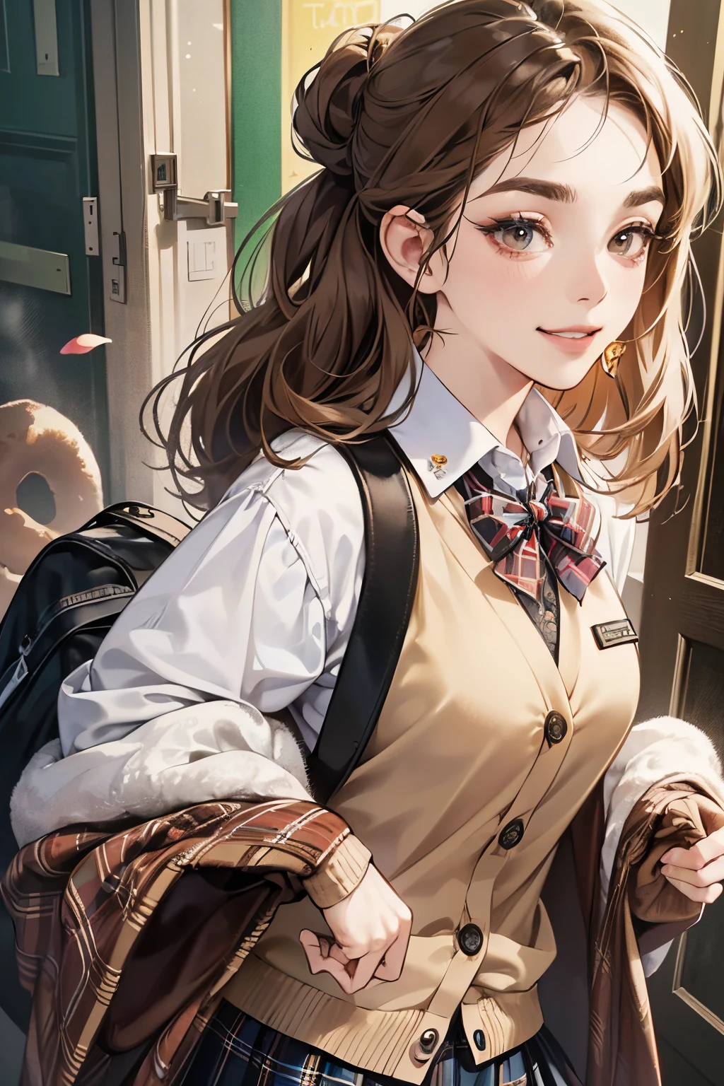 (masutepiece, Digital Art, Digital Illustration, 4K, 8K, Ultra-detailed, beautiful image, Sharp Image, Photorealistic, Raw photo, Perfect face, Perfect lines, Perfect eyes, Soft lighting) 1 woman, (lightbrown hair,Chignon hair in a high position,Innocent look,Lowered eyebrows,drooping eyebrows,drooing eyes,cute large eyes,natural make up,kindly smile,Round jaws,petite female:1.3),Two handsome men in uniform, (ember,men are wearing uniforms,well-muscled,Firm shoulder width,Adult male,Boyish hairstyle,English gentlemanly style,Cool boys、man with bright smile:1.2),(Nervous,be shy,sleepy,embarrassed from:1.2),innocent smiles,(embarrassed from,Shy smile:1.1),Donut shop full of light、donut、many kinds of donuts、校服、blazers、Black Plaid Pleated Skirt、baggy cardigan、hi-school girl、Eat-in、eating a donut、Shopping and eating with friends
