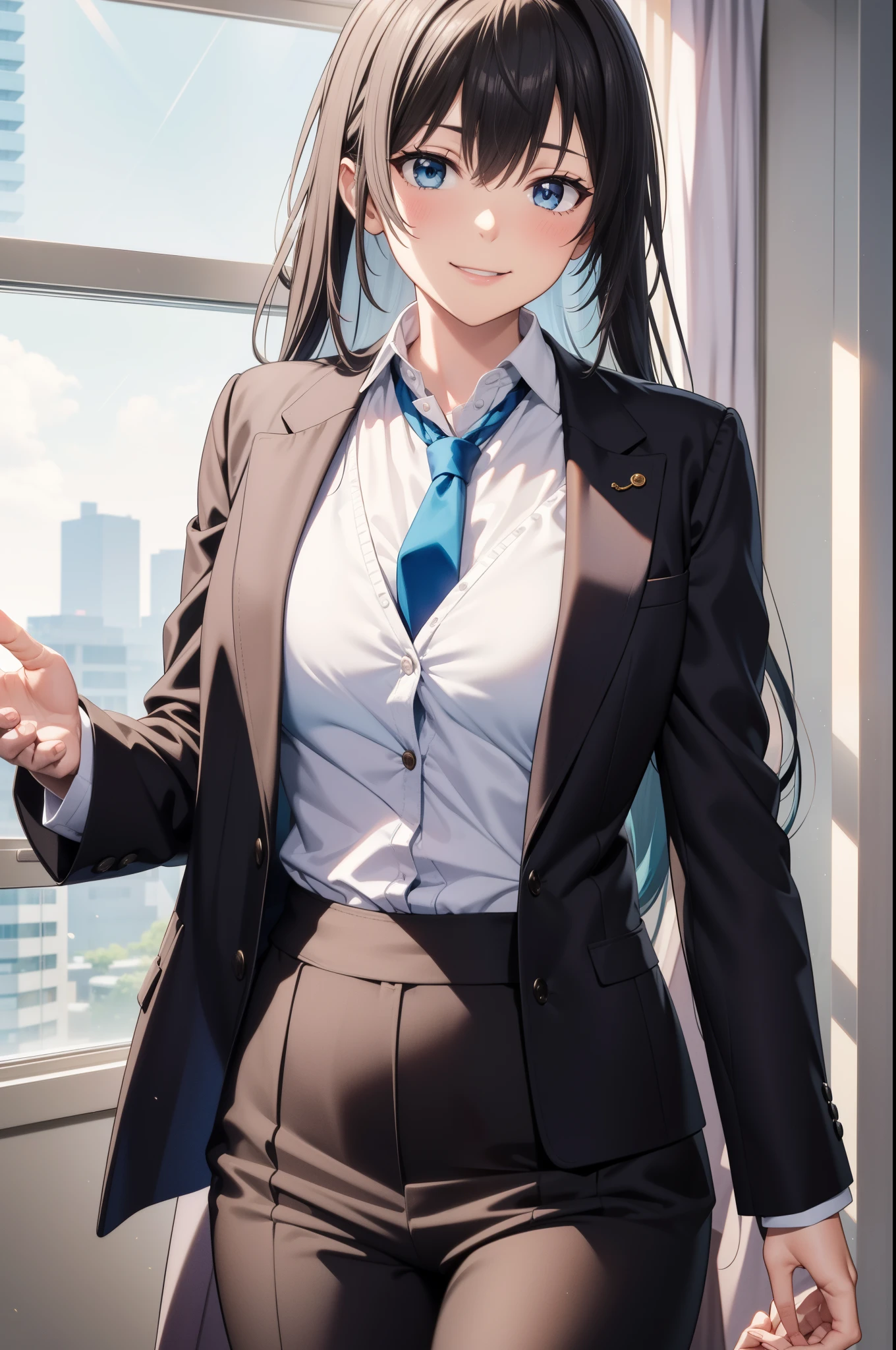 Yukinoshita Yukino wears a tuxedo coat, 1girl, Snafu anime, Female Butler, Elegant blue evening tie, collared shirt, bloomers, Black tail coat, Detailed background of the room, eyes blue, closed mouth, Smileing, A very sexy girl in a suit and tie is standing by the window, 1girl, 独奏, necktie, Black hair, eyes blue, long  hair, smile, jacket, looking at the scenes, shirt, bloomers, blue necktie, collared shirt, white pants, white shirt, indoors, explosions, long-sleeved, closed mouth, window, black jacket, blush, cowboy shot, ceremonial, Yukinoshita Yukino suit, A woman in a black suit and blue tie is standing next to the windowsill, 1girl, 独奏, necktie, eyes blue, jacket