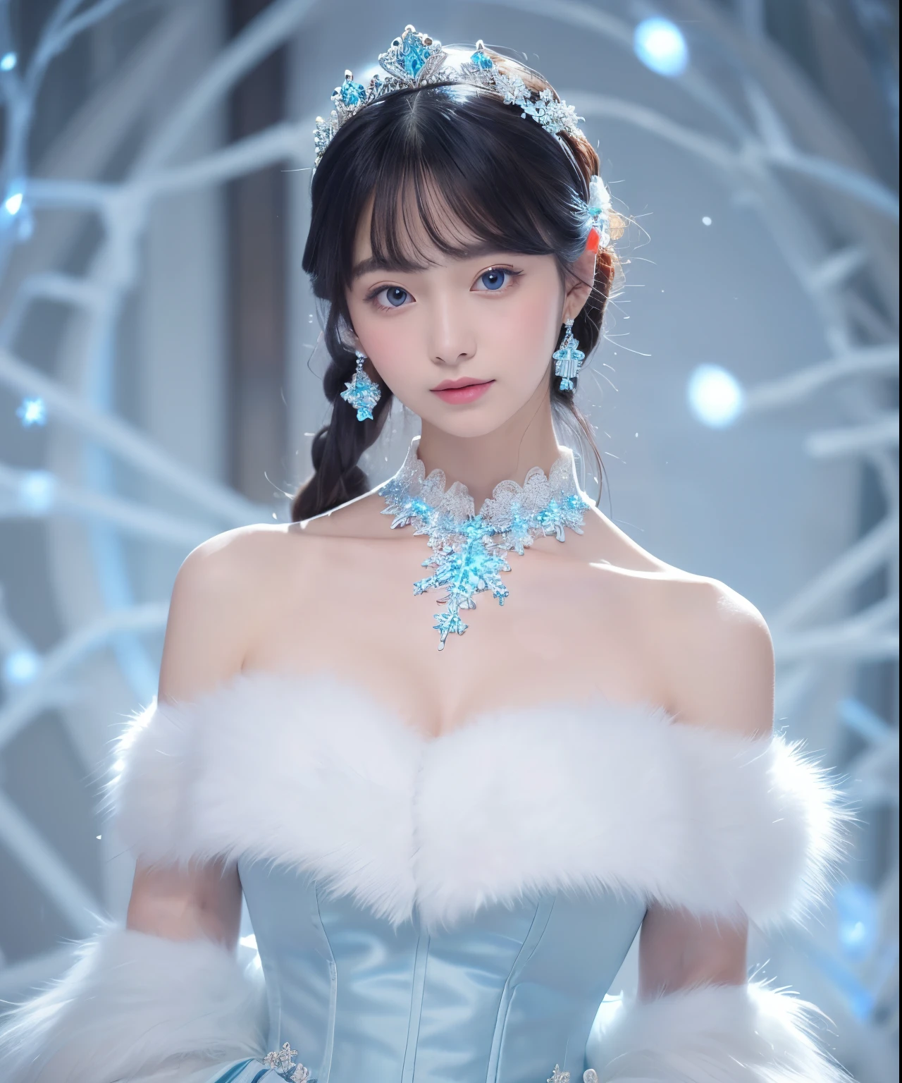 BREAK (white and light-blue theme:1.5), ((elegant style, gorgeous):1.2), ((light-blue princess dress with white fluffy fur, light-blue hoop skirt):1.4), (snowflake-symbol print on dress:1.4), ((strapless, bare shoulders):1.3), (extremely precise embroidery:1.3), (fluffy fur:1.3), (A necklace made of countless gems:1.2), (high heels:1.1),