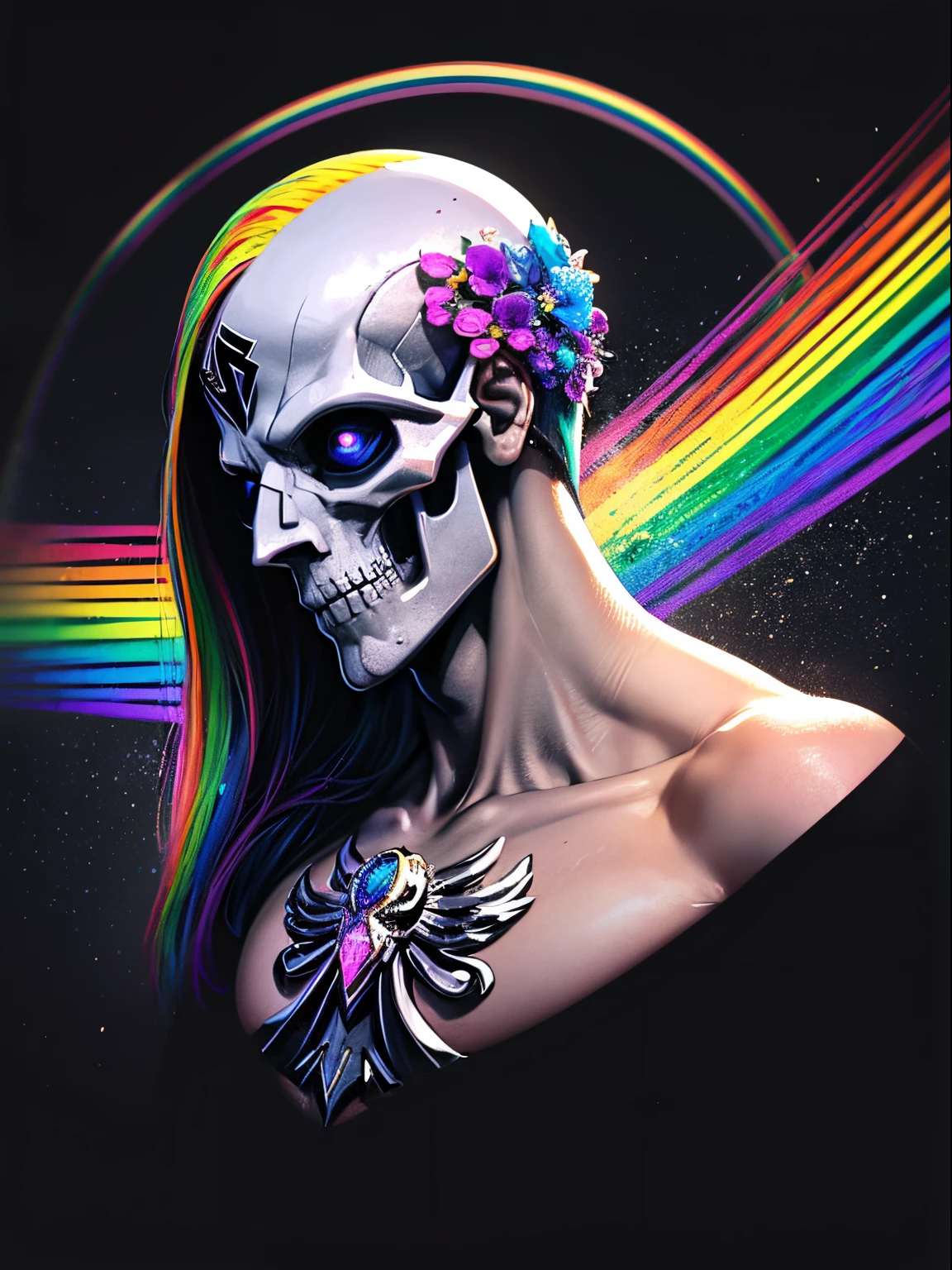 Pixel classificado，Superhero skull，arte sangrenta，flying petal，Pintura do esqueleto polido do metal do homem no fundo preto,A rainbow wraps around the skull，Formar estruturas diferentes， breathtaking rendering, Magical Rainbow Elements,Splendid combination of round rainbow，Circular composition，sozinho