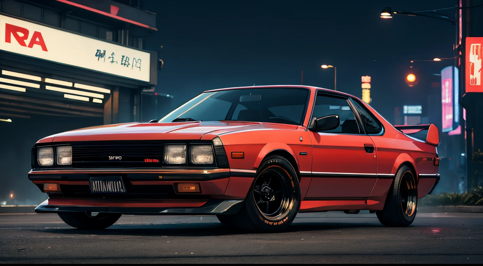 realistic, best quality,  hyoon,  vintage car, sedan, AE62, Trueno, in modern time, cyberpunk