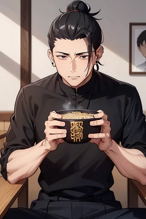 1 man, getou, sitting, eating ramen, black shirt, black pants, broad shoulders, height of 1 meter and 90 centimeters, muscular body, hair bun, hair back, black ear piercing, brown eyes, restaurant atmosphere, masterpiece, great quality