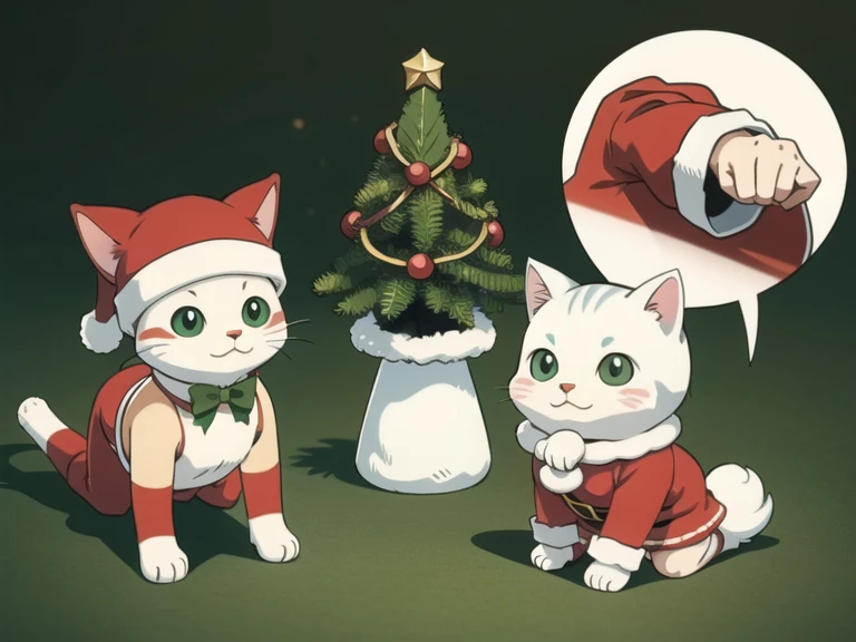 a kawaii cat drees like santa's helpers, holdig a tiny christmas tree
