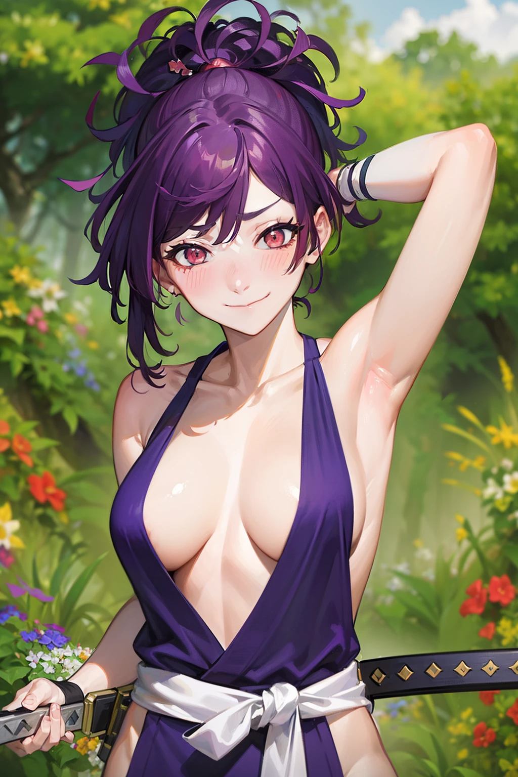 (best quality:1.1), (masterpiece:1.2), portrait, 1girl, yuzuriha_(jigokuraku), purple hair, brown eyes, ninja, open clothes, cleavage, small breasts, topknot, medium hair, breasts apart, white obi, smirk, outdoors, (blush:1.1), flowers (NSFW 1.5)
