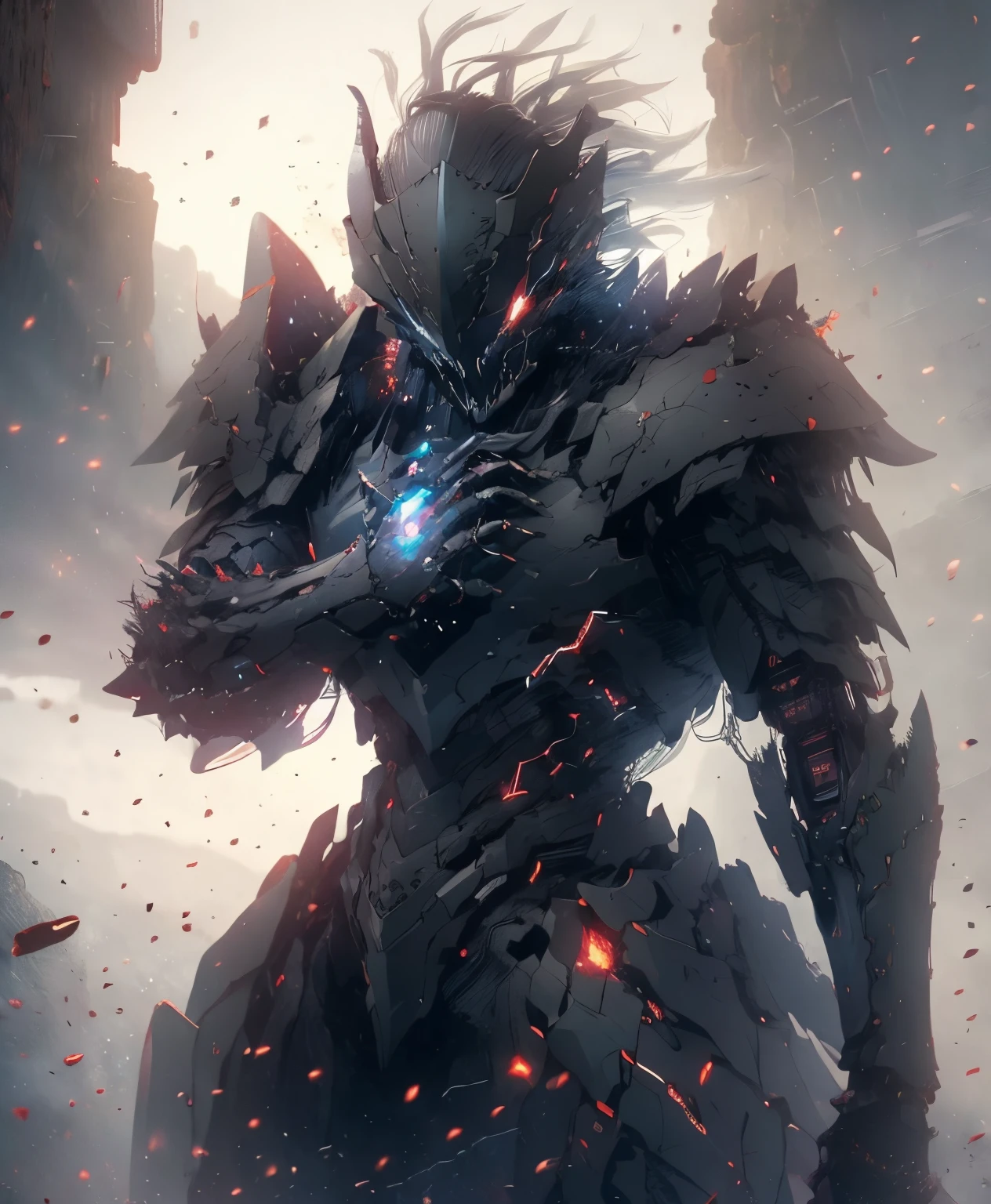 (best quality,4k,8k,highres,masterpiece:1.2),ultra-detailed,(realistic,photorealistic,photo-realistic:1.37),black knight,detailed armor with blood red details,inhospitable and desolate environment,horrifying atmosphere,full body close-up photography,haunting expression,sharp focus,ominous lighting,monochrome color scheme,dark silhouette,decaying ruins,broken chains,long shadows,thick fog,creepy atmosphere,spooky ambiance,mysterious presence,ominous clouds in the sky,harsh weather,stoic stance of the knight,grim reaper inspiration,intense contrast,crumbling landscape,misty background,subtle hints of danger,unsettling aura,foreboding atmosphere,sinister presence,gritty texture,nightmarish vibe,loneliness and isolation,vivid red accents in the armor,lifeless eyes,intimidating posture,macabre scenery,dramatic composition,haunted landscape