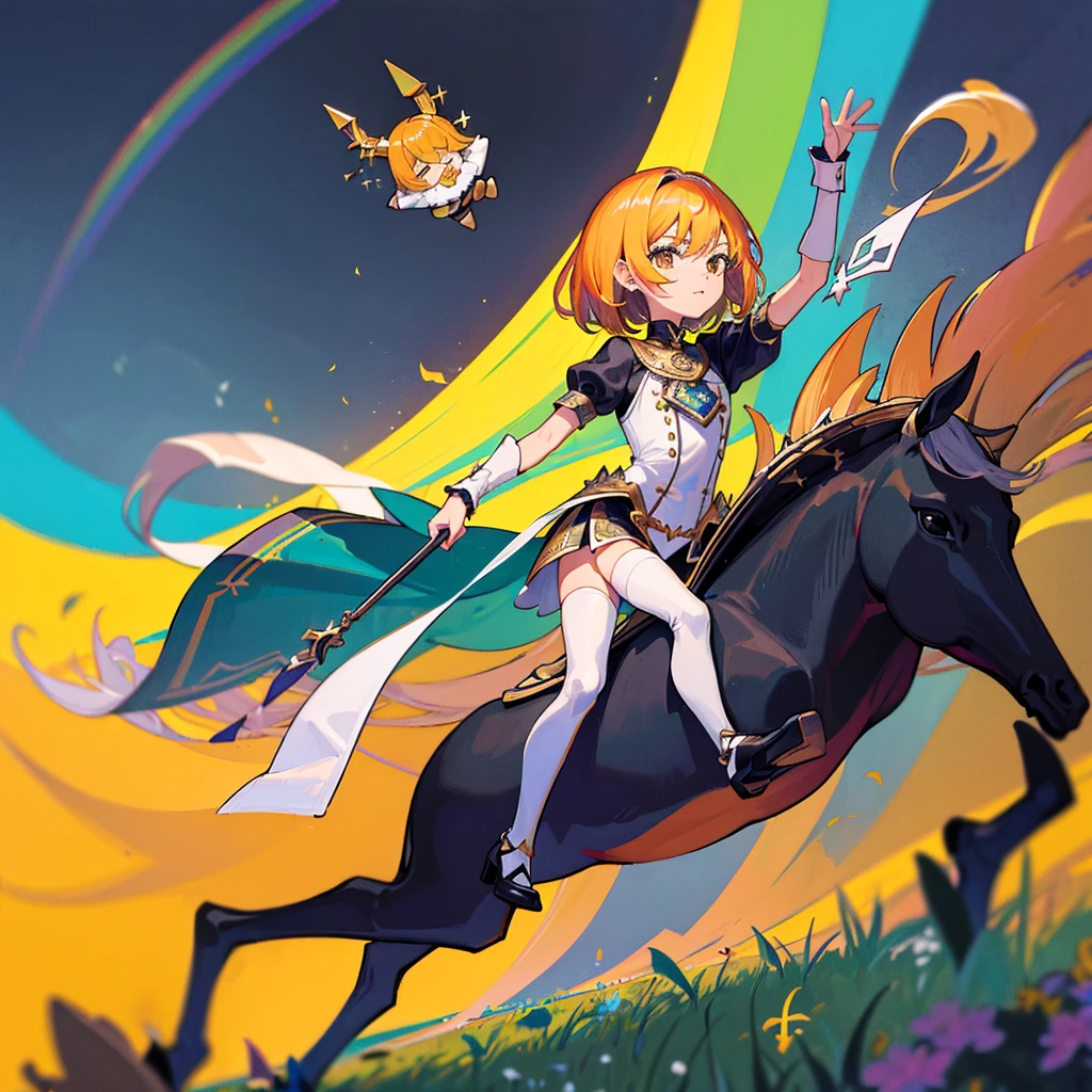 ((etiqueta: 1.5))), ((Chibi Chara)), (fundo branco), Felpudo, garota, cavaleiro negro, Traje de Armadura de Cavaleiro Negro, Com Saber, Pose de Cavaleiro Negro, Chibi Chara, corpo inteiro, Cabelos Pastel, conto de fadas, Fantastic, Rainbow, design de camisetas, Melhor obra-prima, best quality, 16k, andar a cavalo