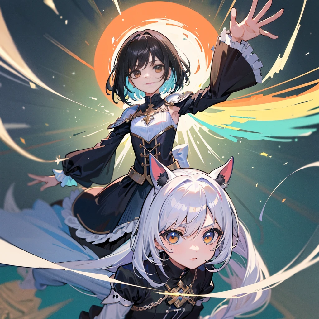 ((etiqueta: 1.5))), ((Chibi Chara)), (fundo branco), Felpudo, garota, cavaleiro negro, Traje de Armadura de Cavaleiro Negro, Com Saber, Pose de Cavaleiro Negro, Chibi Chara, corpo inteiro, Cabelos Pastel, conto de fadas, Fantastic, Rainbow, design de camisetas, Melhor obra-prima, best quality, 16k, andar a cavalo