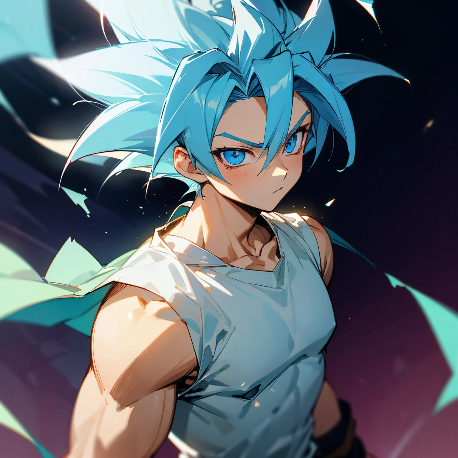 A young boy male super saiyan god super saiyan, damaged white t-shirt, epic, fantasy, lean body, glowing eyes, anime style, shoulders up picture, night background, close up on face, slim tiny thin body, blue hair, blue eyes, NOT muscular body