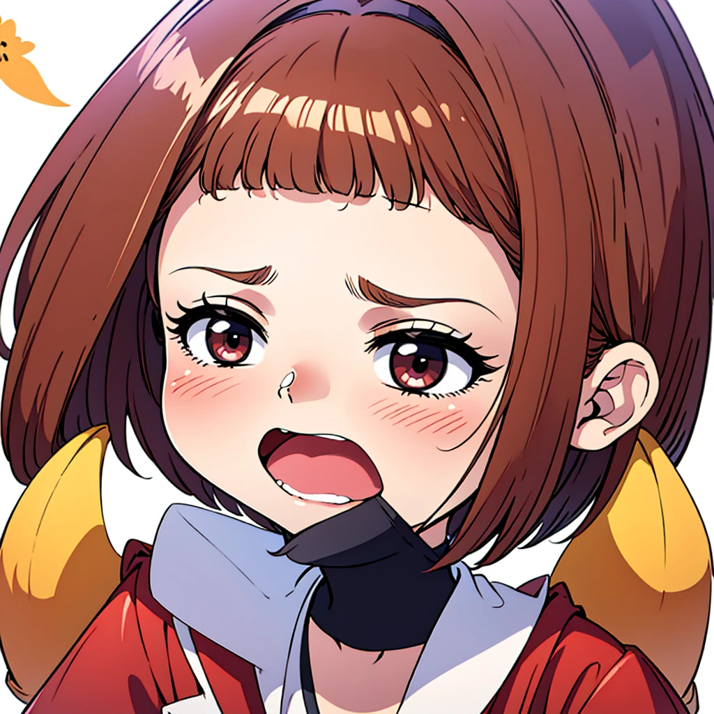 best quality, masterpiece, kyrielight mash, solo, 1girl, black eyes, :d, fat, black clothes, (chibi: 0.6), light red hair, short hair, sticker, emoji, cute, white background, ((sad)), chibi