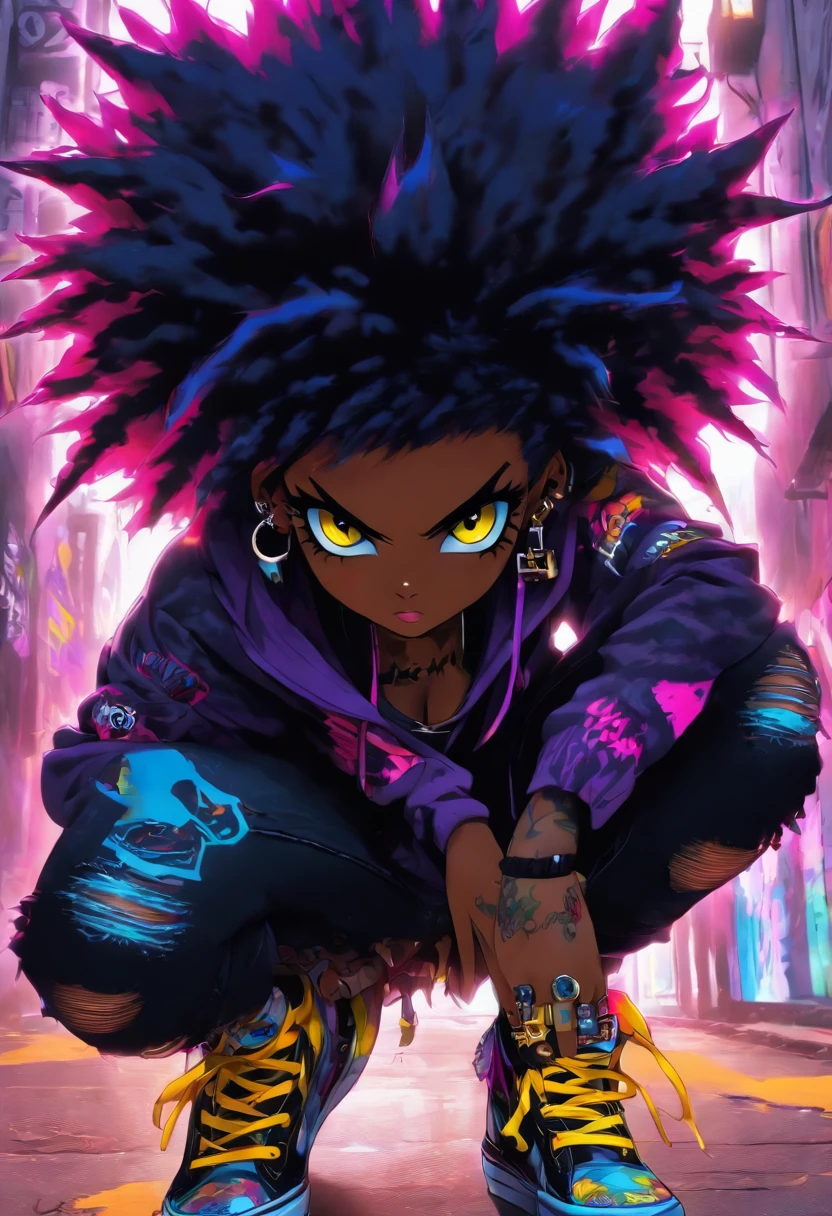 The most beautiful and sexy punk rock girl, black Afro, black and purple, blue hair, yellow eyes, dark skin, full body, wearing a hoodie, Graphic design jacket and torn skinny jeans, tons of tattoos and piercings, Perfect masterpiece, high quality, High resolution, big tits