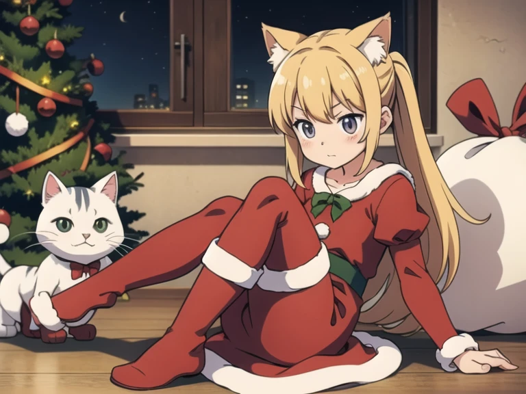 a kawaii cat drees like santa's helpers, holdig a tiny christmas tree