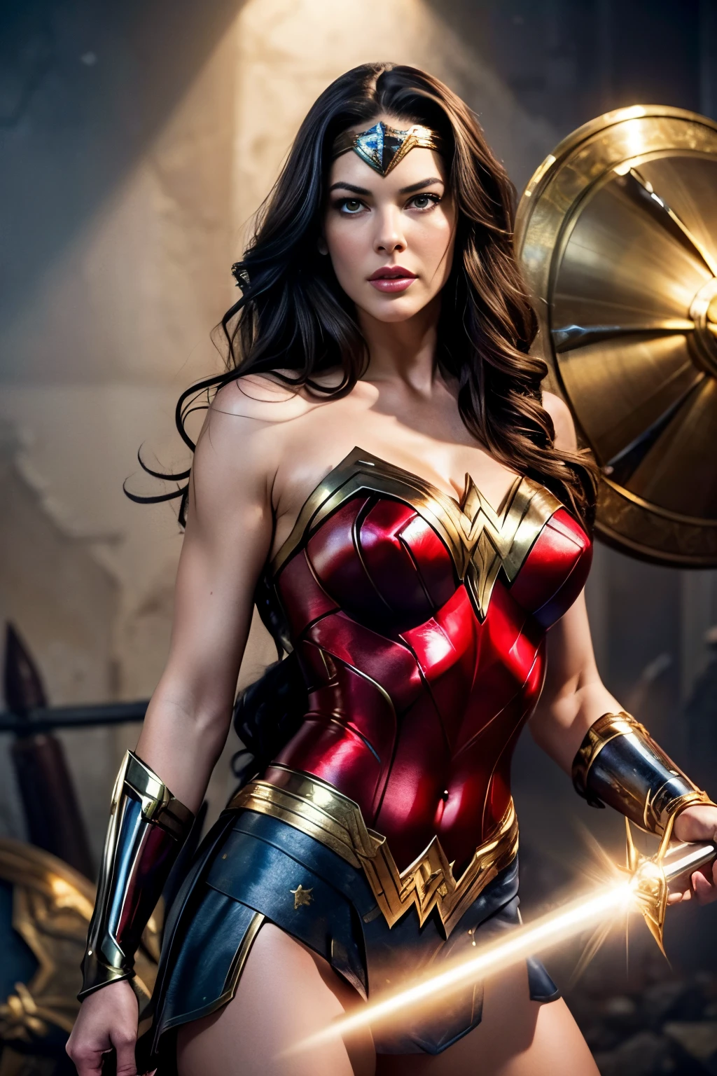 Art image of megan fox as a sexy Wonder Woman, busty, beautiful, black hair, large breasts, ancient Athens background, by Louis Royo, Boris Vallejo, Frank Frazetta, extreme focus, sharp details, sexy,