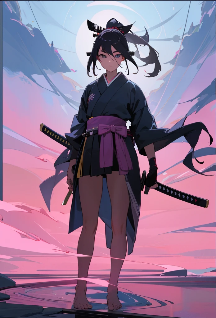 samurai, full body,Barefoot,Front view, holding katana, Focus on appearance,Reflect everything, (tmasterpiece) (8K high resolution) (best qualityer) (hyperdefined) (Ultra photo realsisim)(photo RAW) (photograph of-realistic) (Bright lighting)