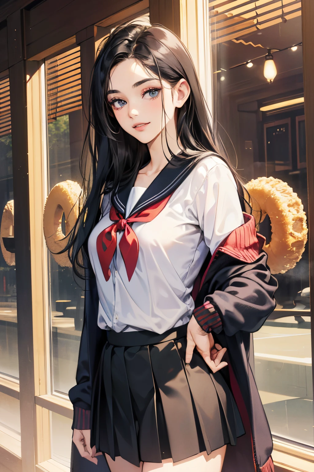(masutepiece, Digital Art, Digital Illustration, 4K, 8K, Ultra-detailed, beautiful image, Sharp Image, Photorealistic, Raw photo, Perfect face, Perfect lines, Perfect eyes, Soft lighting) 1 woman, (Long Black Hair,straight haired,Bullish gaze,Beautie,Solid makeup,femele,small tits:1.3),Two handsome men in suits, (ember,Men in suits,well-muscled,Firm shoulder width,Adult male,Boyish hairstyle,English gentlemanly style,Man in his 30s with a cool expression,28-year-old man with bright smile:1.2),Donut shop、donut、A lot of donuts are lined up、a sailor suit、Knee-length pleated skirt、baggy cardigan、