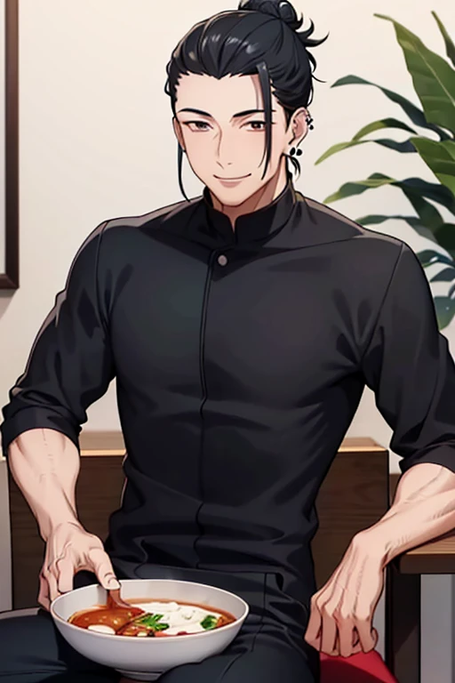 1 man, getou, sitting, eating soup, black shirt, black pants, broad shoulders, height of 1 meter and 90 centimeters, muscular body, hair bun, hair back, black ear piercing, brown eyes, restaurant atmosphere, smiling, masterpiece, great quality