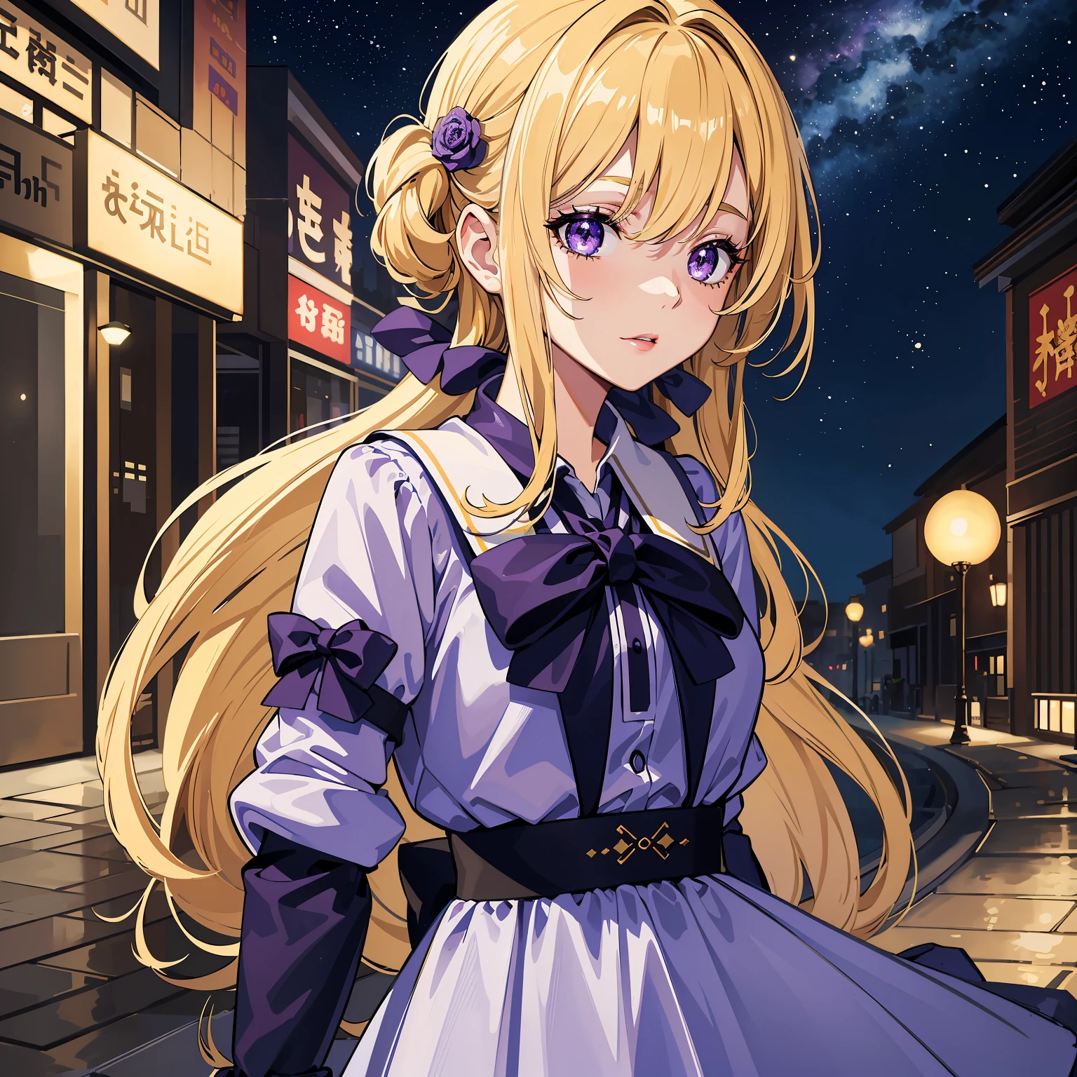 (Masterpiece), Best Quality, High Resolution, Extremely detailed, Stunningly beautiful, 1girl, 独奏, Exterior décor, upper body face shot, longue blonde hair, purple eyes with glitter, galactic effect, Cute, juvenile, Energetic, extrovert, Moron, gorgeous schoolgirl.