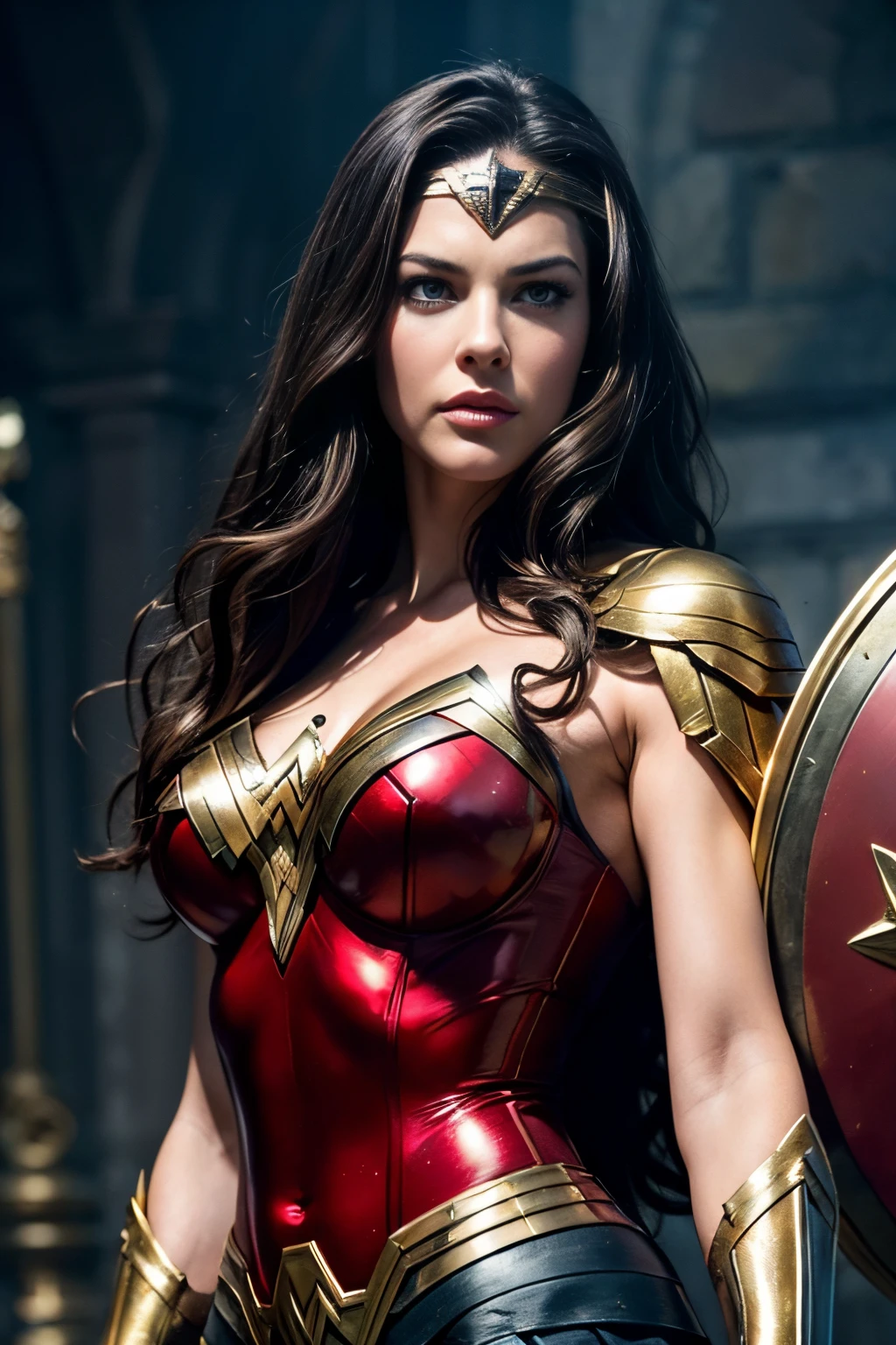 (best quality,realistic:1.2),Liv Tyler in Wonder Woman costume,stunning,hyper-realistic,detailed eyes,luscious lips,dark flowing hair,muscular physique,fierce expression,glowing golden tiara,bright red and gold armor,shield and sword,powerful stance,heroic background,studio lighting,vibrant colors,sharp focus