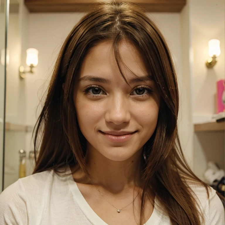 Chica con pelo largo color castalo claro y ojos color caramelo, Let it be a clear test and like to smile, y que sea muy guapa